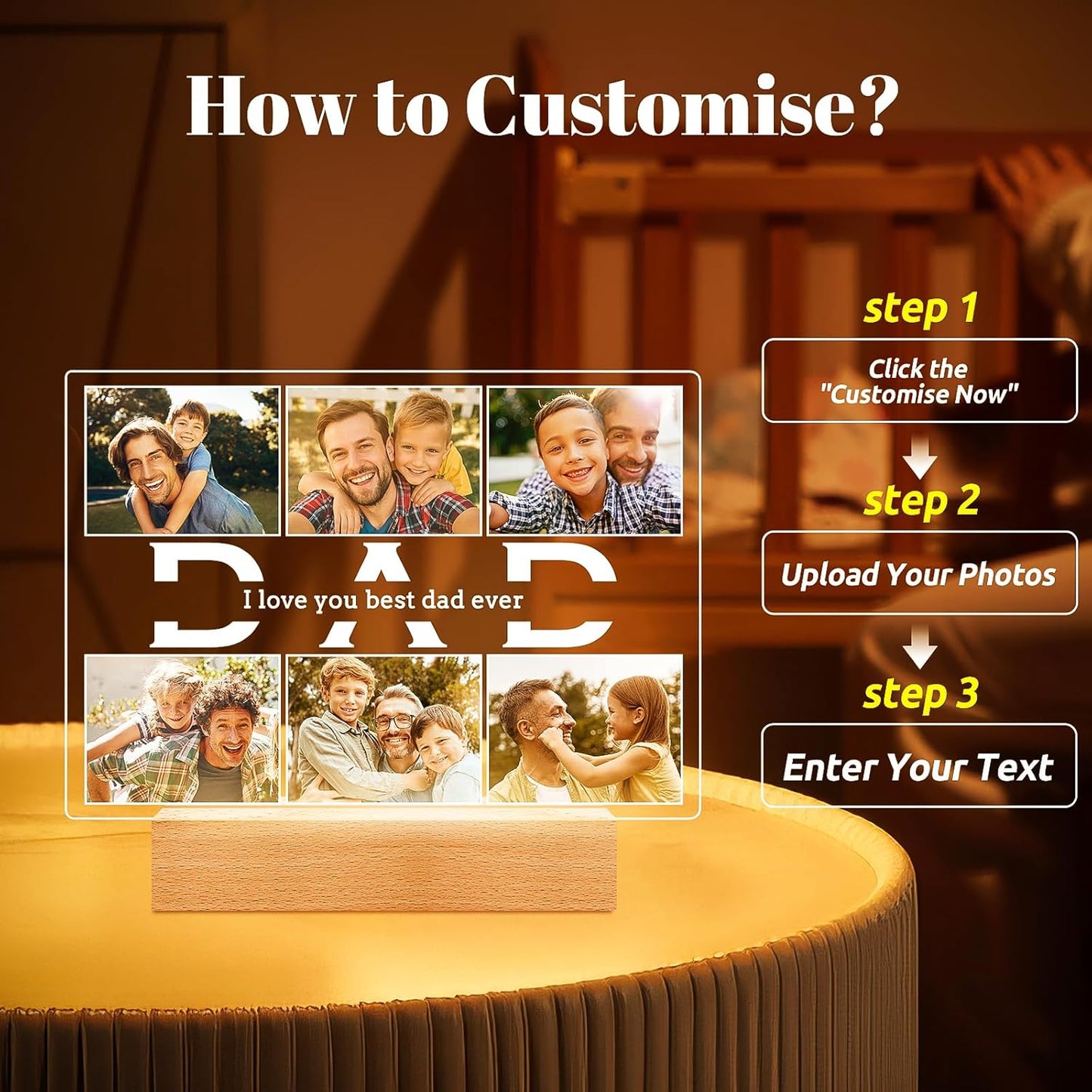 Personalized Gifts for Dad from Daughter and Son, Custom Picture Frames with Photos, Personalized Photo Frame with Night Light, Customized Birthday Gifts for Dad Baby Kid Family