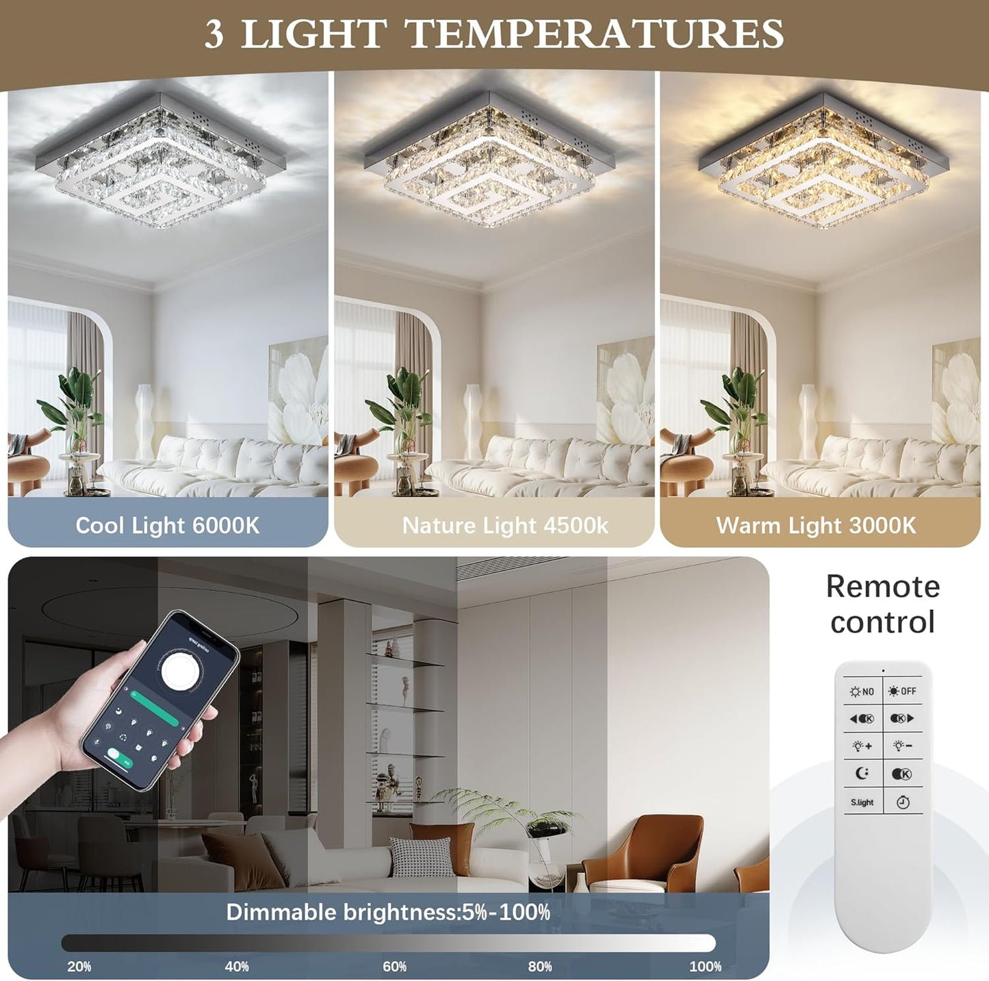 25" Modern Crystal Chandelier with Remote/App Control, Dimmable Flush Mount Ceiling Light Fixture, 3-Color Temperature, Led Ceiling Lamp for Living Room Bedroom Kitchen Dining Room Entryway