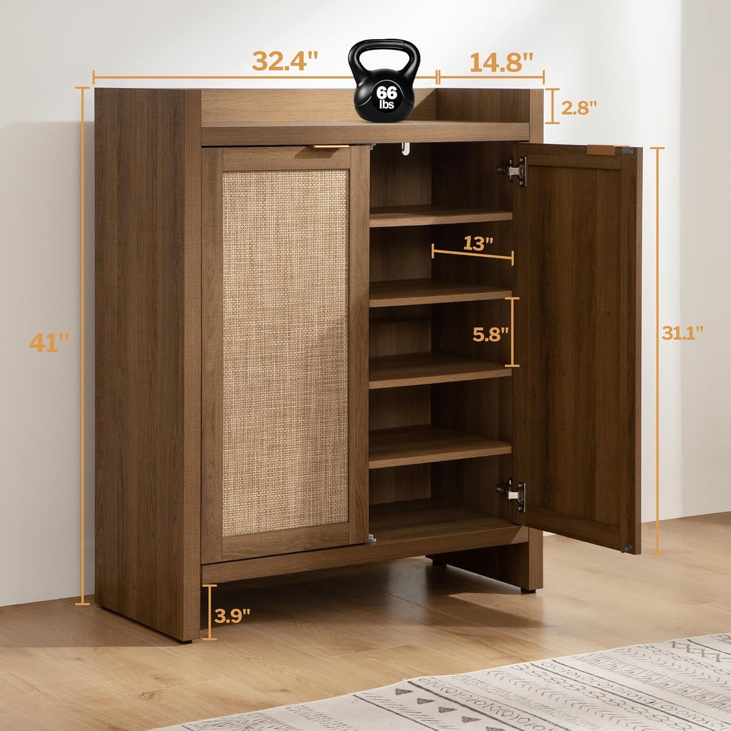 SICOTAS Shoe Cabinet Set of 2, Large Capacity Shoe Storage Organizer Cabinet, Tall Rattan Shoe Cabinet with Doors and Shelves, 6-Tier Farmhouse Boho Wooden Storage Cabinet for Entryway Hallway