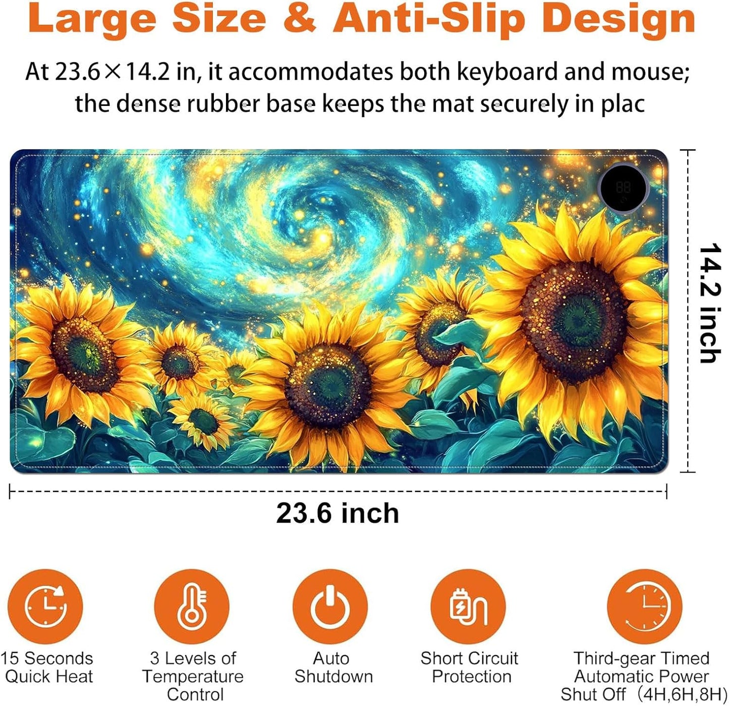 Small Heated Desk Pad 23.6" x 14.2" – Compact Electric Mouse Pad with 3 Heating Levels, Auto Shut-Off, Waterproof PU Surface, Plug-in Warmer for Office or Home Use, Starry Sunflowers
