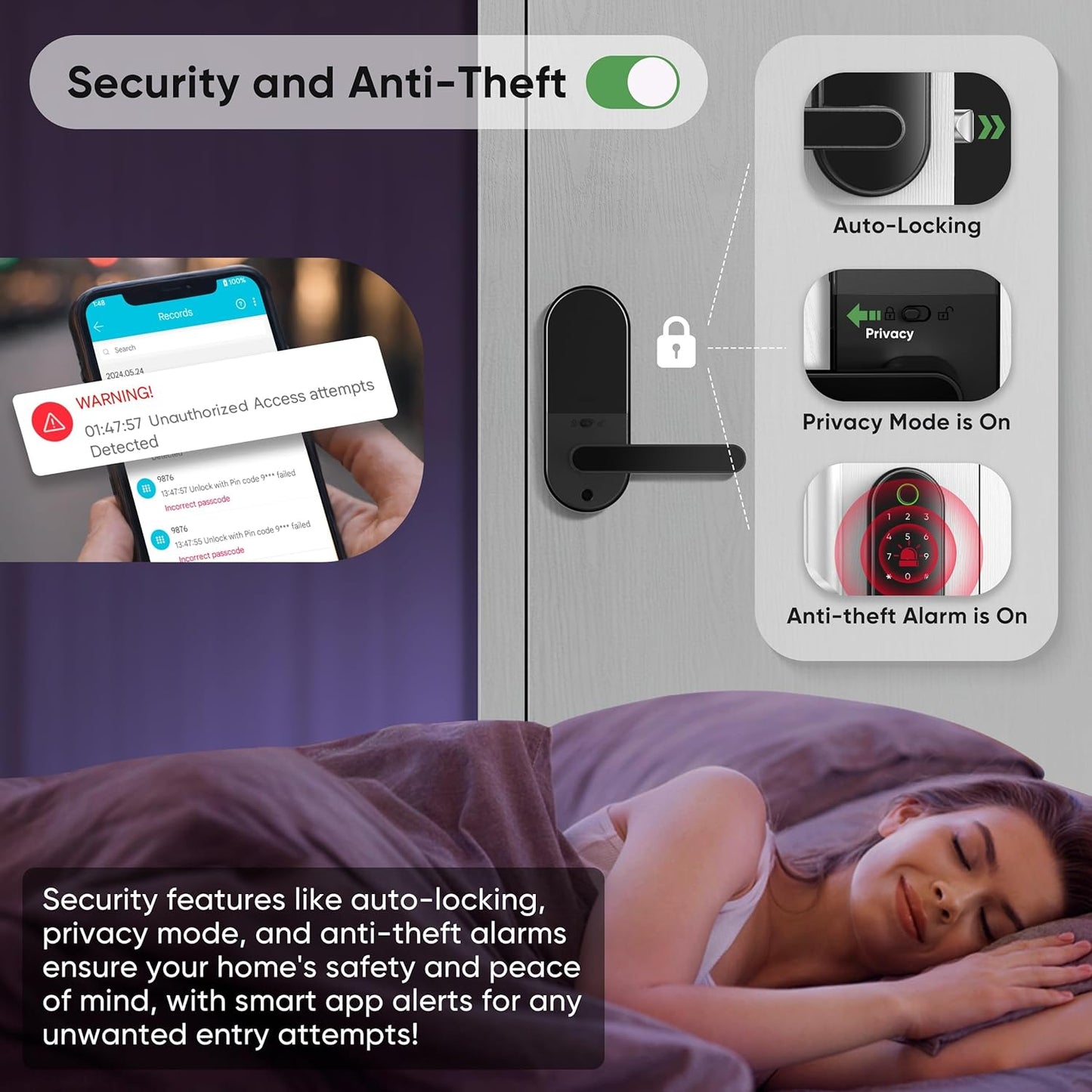 Keyless Entry Fingerprint Digital Smart Lock with Handle & Keypad: Electronic/Electric Lock with Code, App Control Biometric Deadbolt Door Knob for Front, Interior, Exterior & Bedroom Door (Black)
