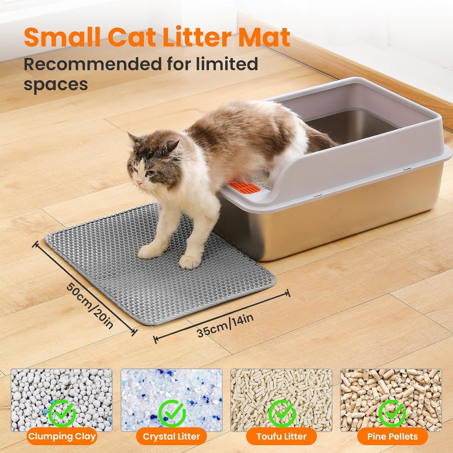 Small Cat Litter Mat, 20x14’’ Double Layer Honeycomb Cat Litter Box Mat, Non Slip Waterproof Urine Proof Litter Trapping Mat for Floor, Kitty Litter Pad, Indoor Pet Supplies, Gray
