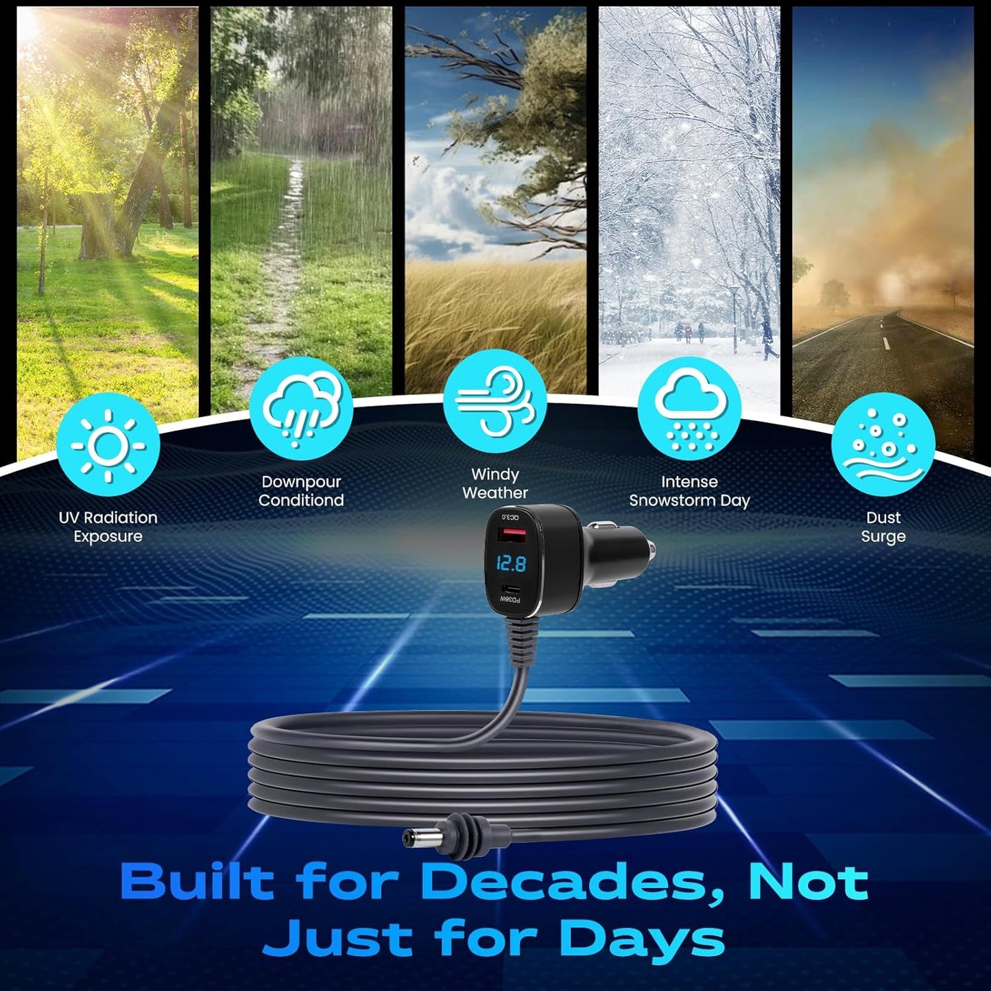 Starlink Mini Car Charger Cable, 3-in-1 Cigarette Lighter Power Adapter with Digital Display, USB C PD 36W & USB A QC 18W Ports, 12V-24V Waterproof 18AWG DC Cable for Trucks, Cars, RVs, Boats (10FT)