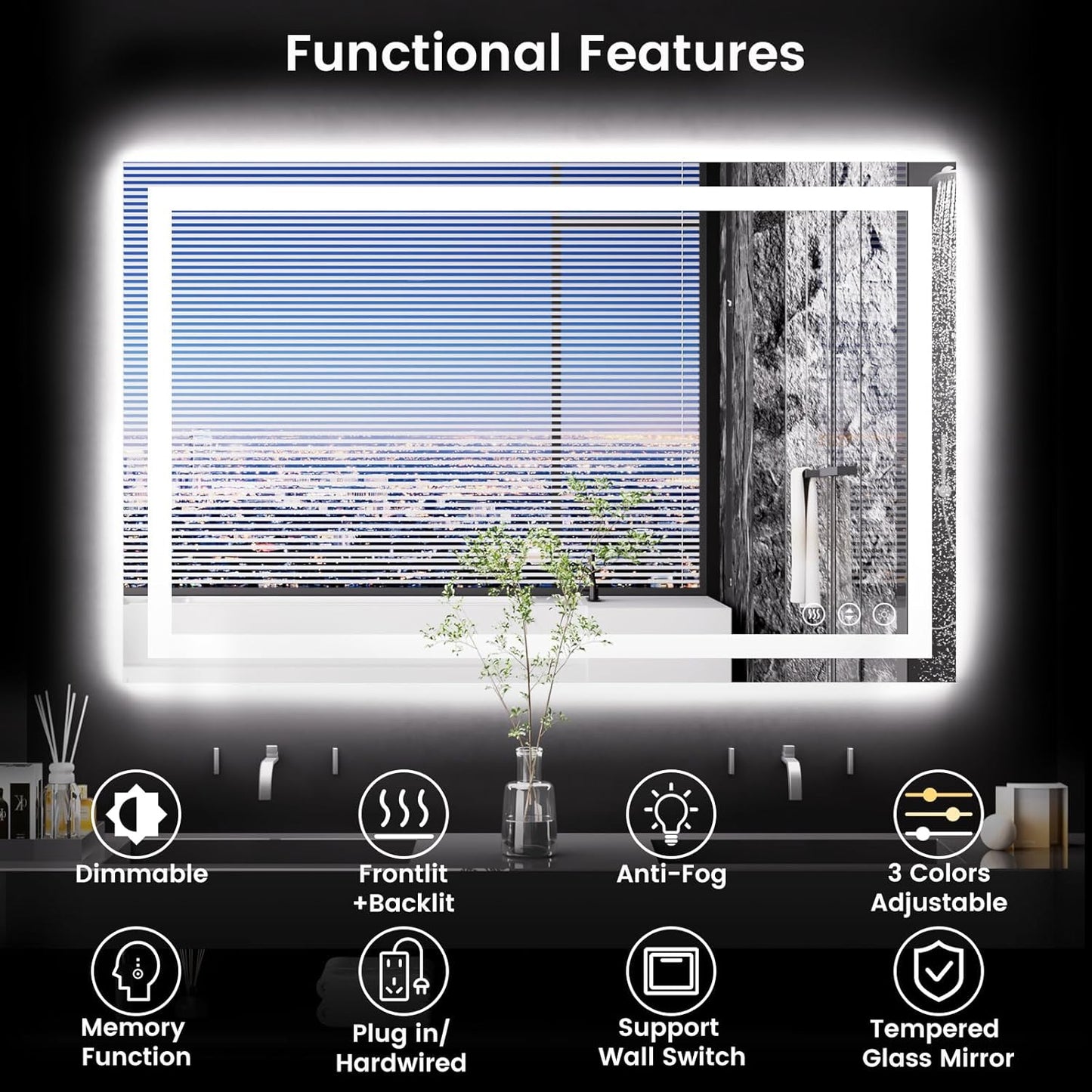 48X30 LED Bathroom Mirror with Lights, Anti-Fog, Backlit + Front Lit, Lighted Bathroom Vanity Mirror for Wall, Memory Function, Dimmable, Tempered Glass, Shatter-Proof