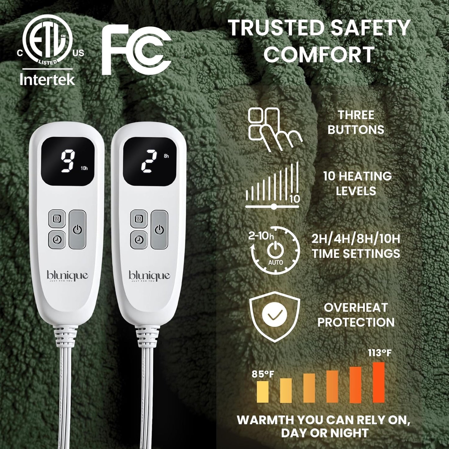 Heated Blanket Electric Blanket King - Fast Heating Blanket Throw Dual Control Double Sided Sherpa with 10 Heating Levels & 2-10 Hours Auto Off, Mashine Washable, 90 x 100 Inches, Green