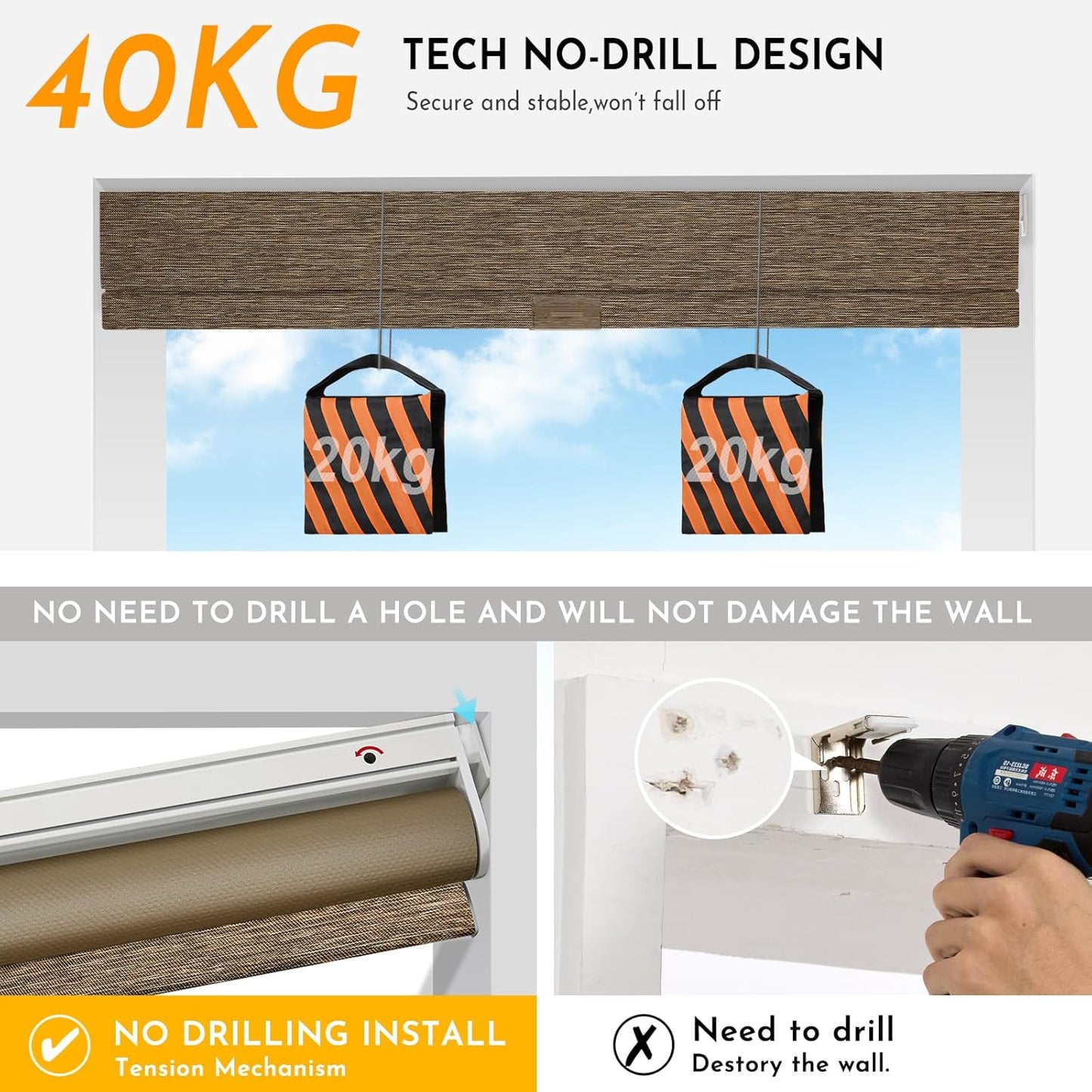 Persilux Smart Motorized Blinds with Remote, No Drill Automatic Roller Shades for Indoor Windows, Blackout Linen Fabric, Electric Blinds for Windows, Nature Brown C153BO-11, Custom Size