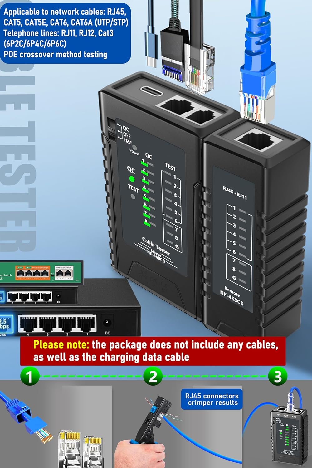 NF-468CS Network Cable Tester - Ethernet Tester, Cable Mapper with Continuity Test, Suitable for RJ45/RJ11/RJ12/POE/CAT3/CAT5/CAT5E/CAT6/CAT6A, UTP/STP, LAN and Telephone Line Testing Tool