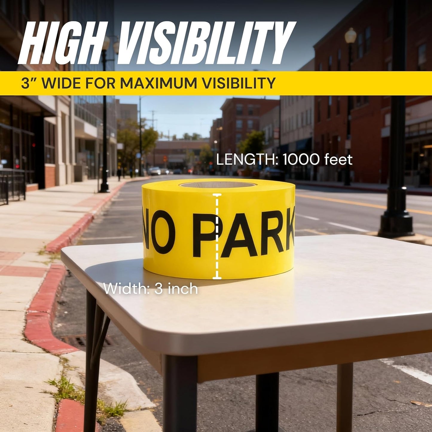Caution No Parking Tape 3 Pack 3 inch X 1000 feet • Bright Yellow with a Bold Black Print for High Visibility • 3 in. Wide for Maximum Readability • Tear Resistant