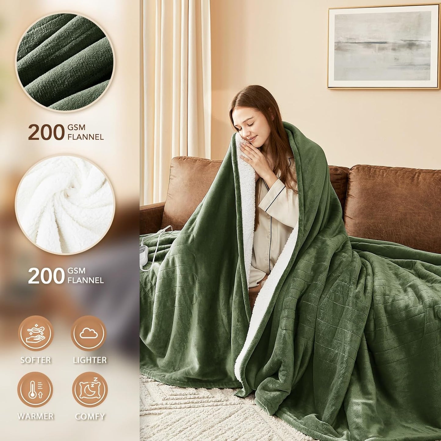 Homemate Electric Heated Blanket Full - 72"x84" Heating Bed Blankets Throw with 10 Heating Levels 8 Hours Auto Off Fast Heating Over-Heated Protection Ultra Soft Warm Flannel ETL Certified Green