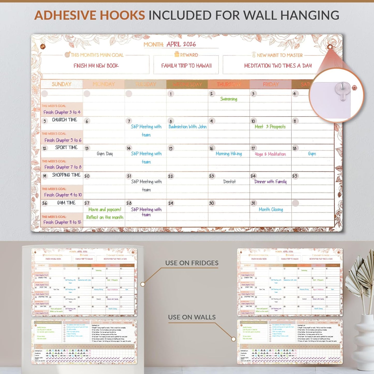 Magnetic Whiteboard for Fridge - Large Dry Erase Calendar for Wall | 3 Magnetic Dry Erase Board 10.5" x 16.5" & 7" x 16.5", Monthly Goal Setting & Habit Tracker, 5 Markers and 6 Adhesive Hooks
