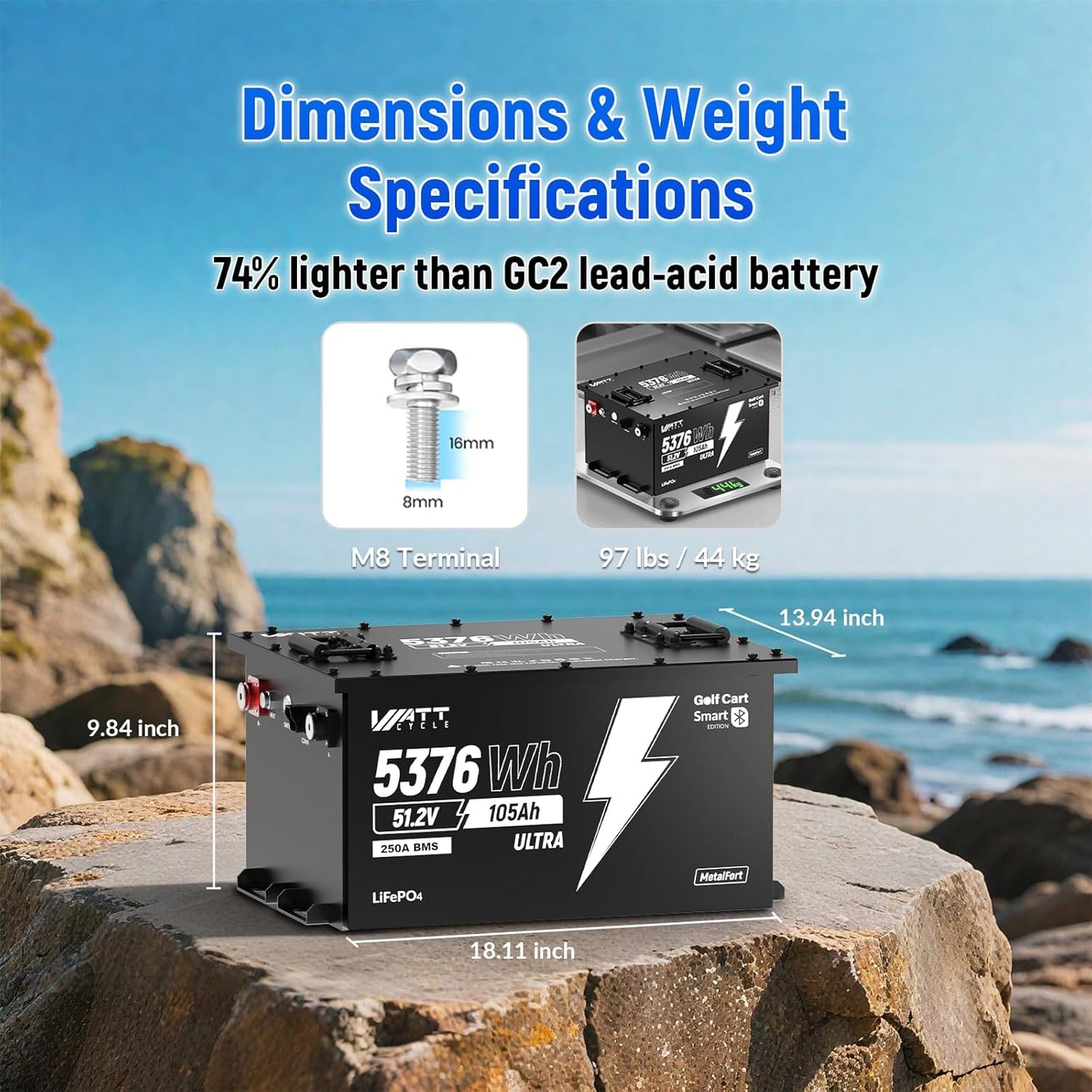 WattCycle 48V 105Ah Golf Cart Batteries 4 Pack, 48V Lithium Battery 250A BMS with 15A Charger, LiFePO4 Battery 15000+ Deep Cycles, IP65 Waterproof Marine Batteries, Built-in Bluetooth, Perfect for RV