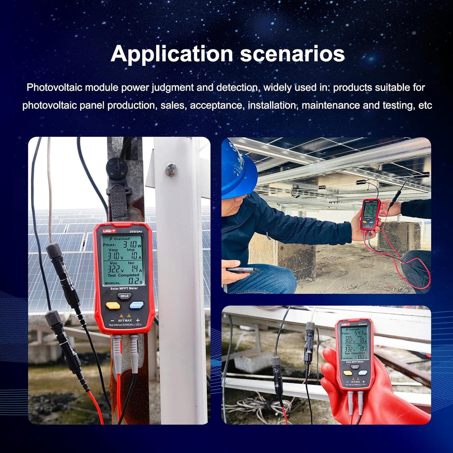 UNI-T UT673PV Solar Panel Tester, Solar MPPT Meter, 800W Photovoltaic Module Maximum Power Tester, Intelligent Manual/Auto MPPT Test, Large LCD and Multiple Result Displays