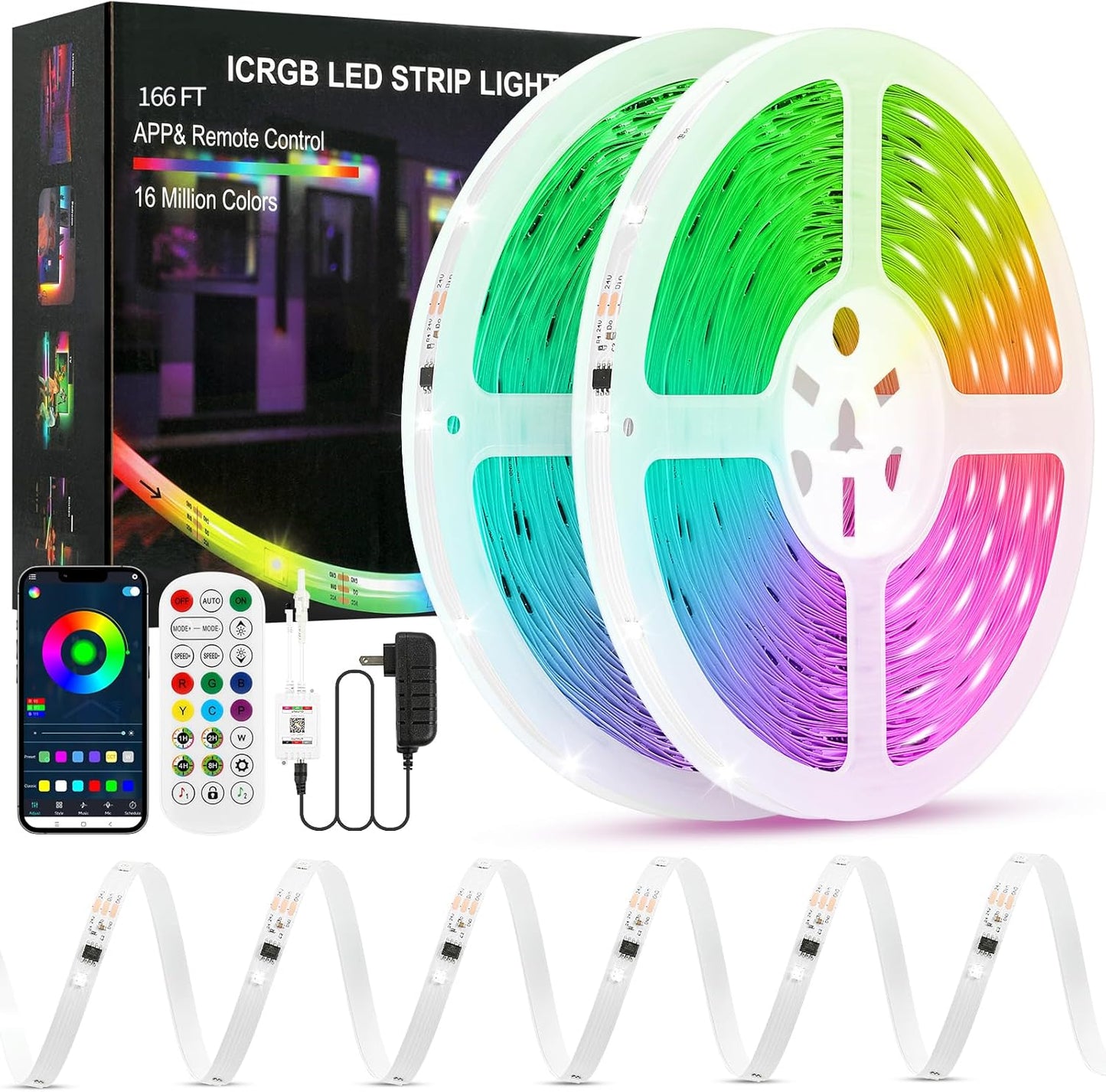 Led Lights for Bedroom IC+RGB 166FT Music Sync Color Changing Led Strip Lights with Remote App Control Led Strip, Led Lights for Room Home Kitchen Decor Party