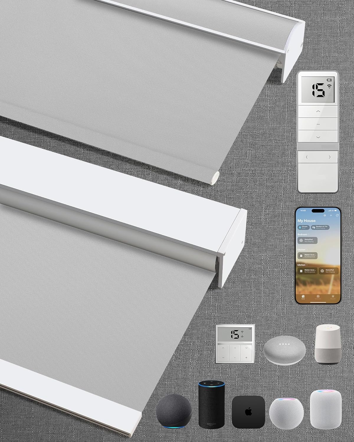 Kincmo Motorized Blinds with Remote,100% Blackout Motorized Roller Shades Work with Apple Homekit,Alexa,Google, Custom Electric Blinds with App,Voice Control (Pure Light Grey)