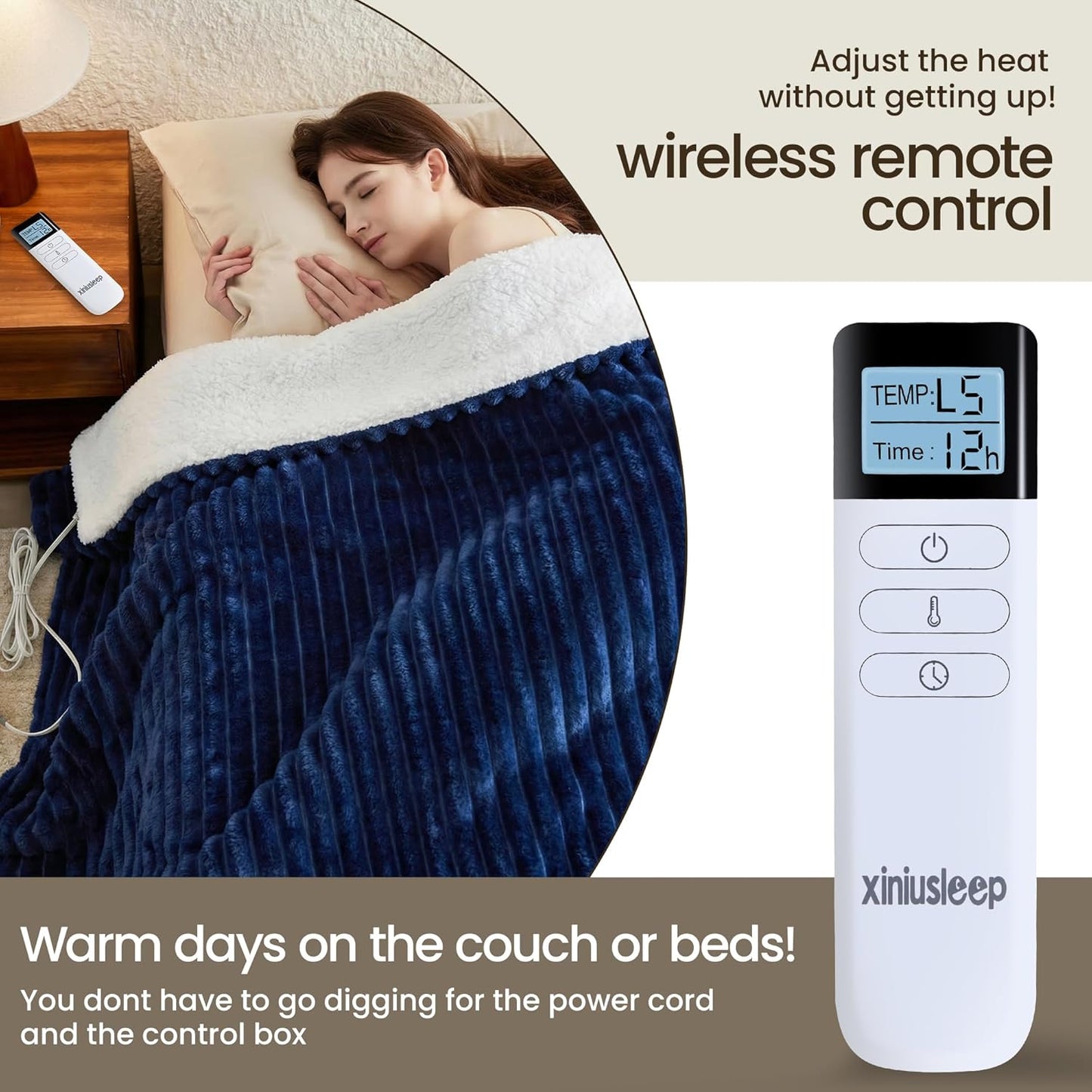 Heated Blanket Electric Blanket 50"x60", Soft Flannel Sherpa Electric Throw with 5 Heating Level & 12 Times Setting, Heated Throw with Overheating Protection, Machine Washable (Navy Blue)