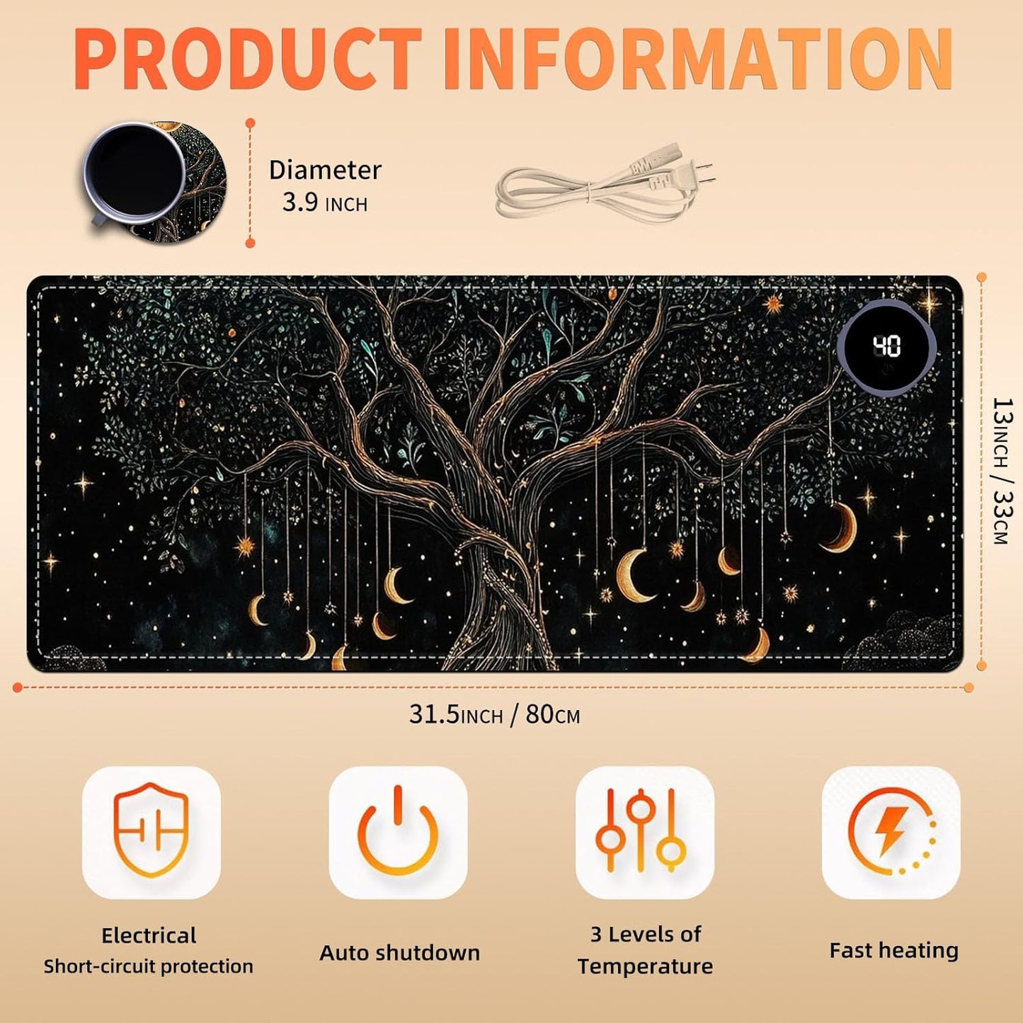 Heated Mouse Pad 31.5x13 in 3-Temp Fast Heating Desk Mat with Auto Timer Warmer for Hands Wrist Pain Relief Waterproof Keyboard Mat for Office, Gaming, Home, Moonlit Tree Art