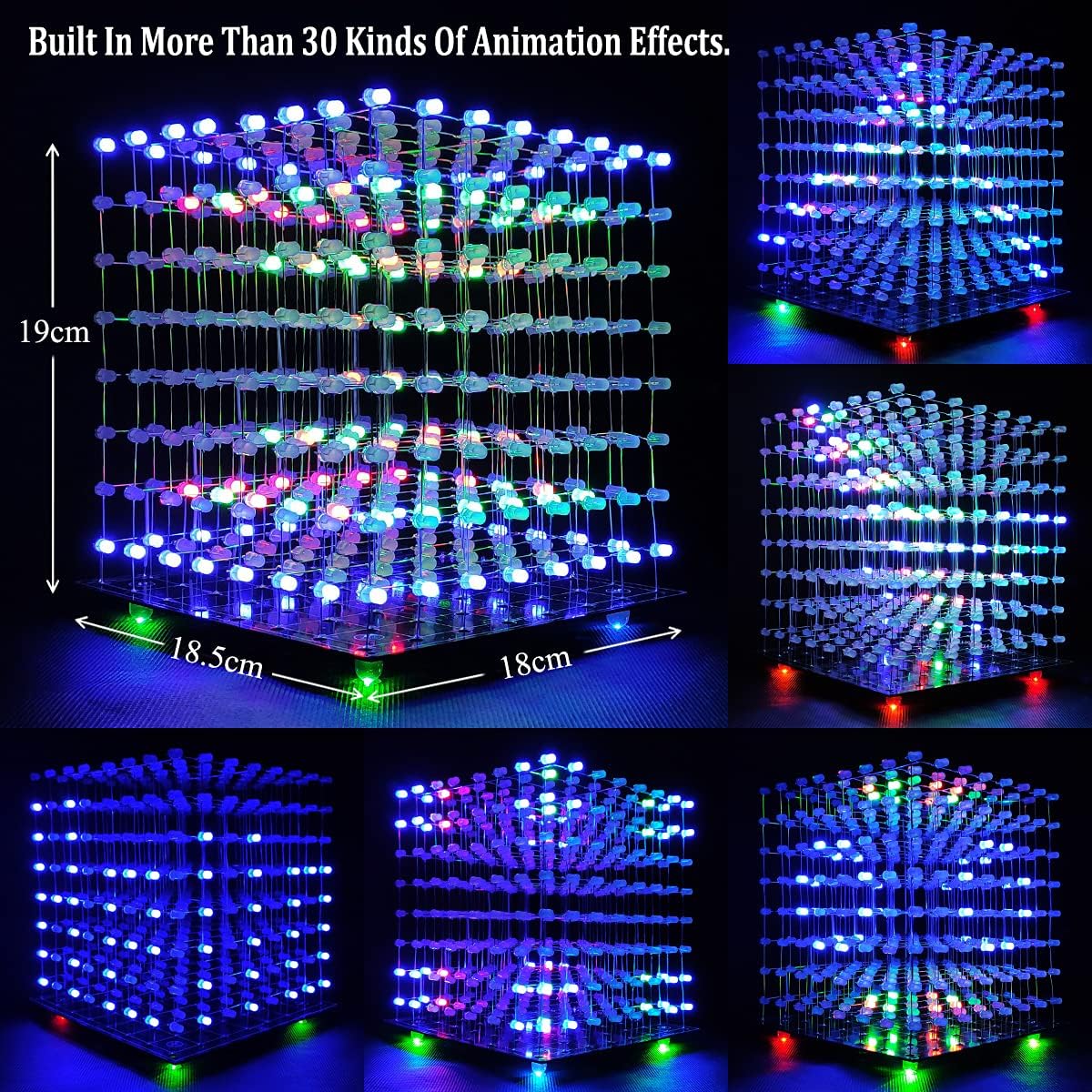 8x8x8 LED Cube Kit DIY Electronic Kit Soldering Project Kit, User Needs to Solder The LED, and The Displayed Content Can Be Modified [3D8C-MULTI]
