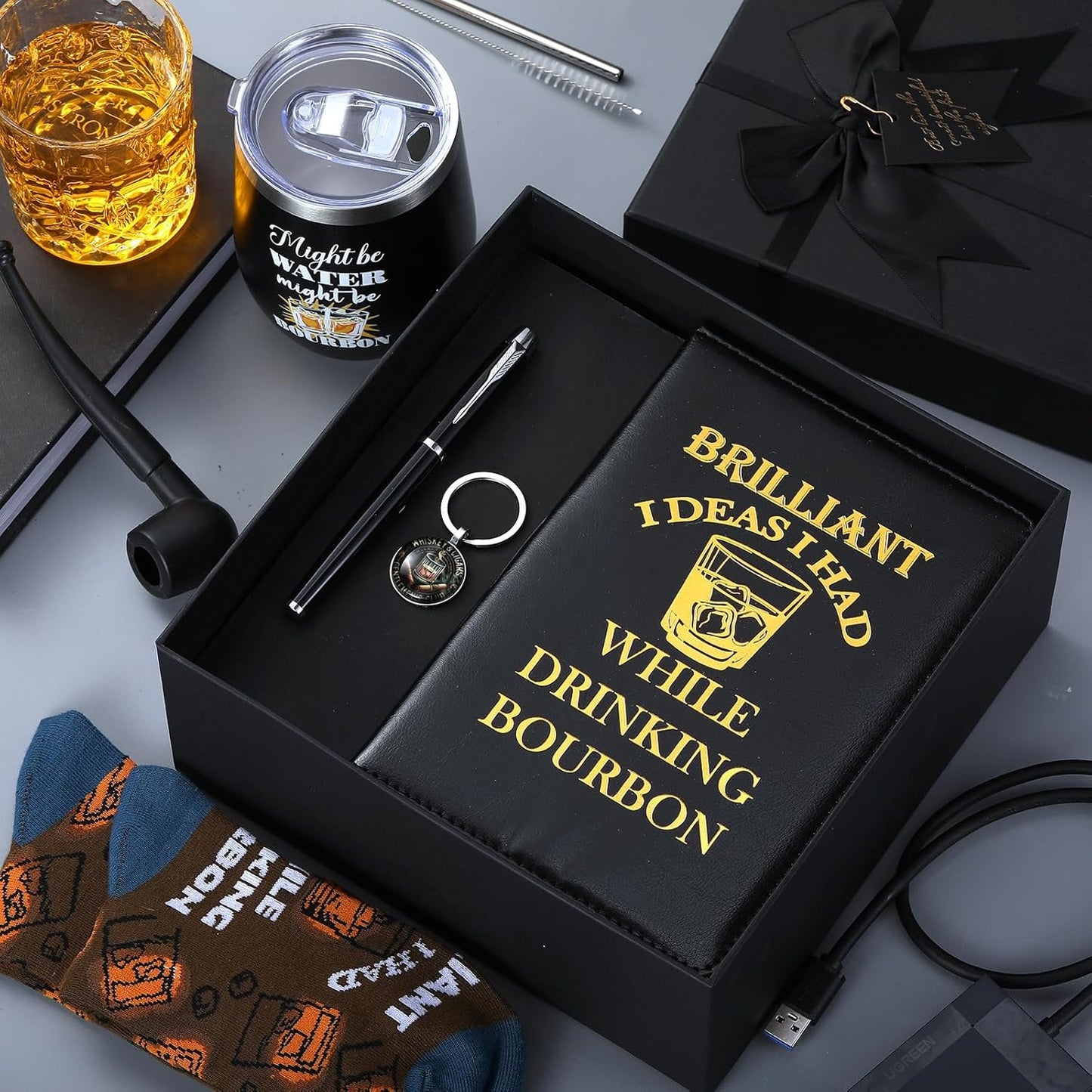 6 Pcs Novelty Bourbon Gift for Men Women Funny Whiskey Lovers Gifts 12 oz Stainless Steel Cup Socks Keychain Pen Notebook Box for Christmas Drink Party Bar Bourbon Whiskey Lovers Gift