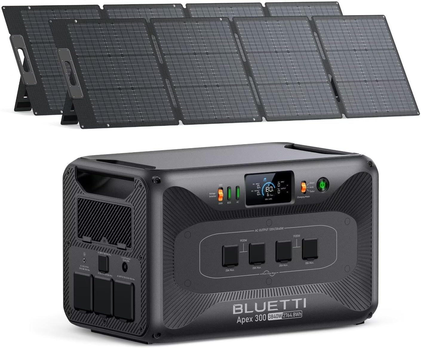 BLUETTI Apex 300 Solar Generator (2025 New) with 2 200W Solar Panels, 2764.8Wh LFP Battery Backup with 6 3840W AC Outlets (7680W Surge), 120V/240V Dual Voltage, Ideal for Camping and Off-Grid Living