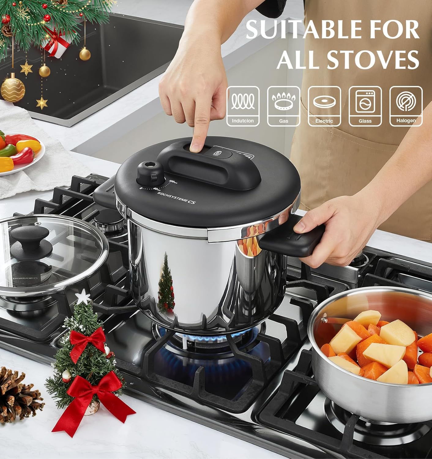 KOCH SYSTEME CS Pressure Cooker Stainless Steel, 6.3 QT Olla de Presion, Easy One-Press Lock, 3 PSI Settings Pressure Cooker, Save 70% Time, Gas & Induction Compatible, Glass Lid & Steamer Rack