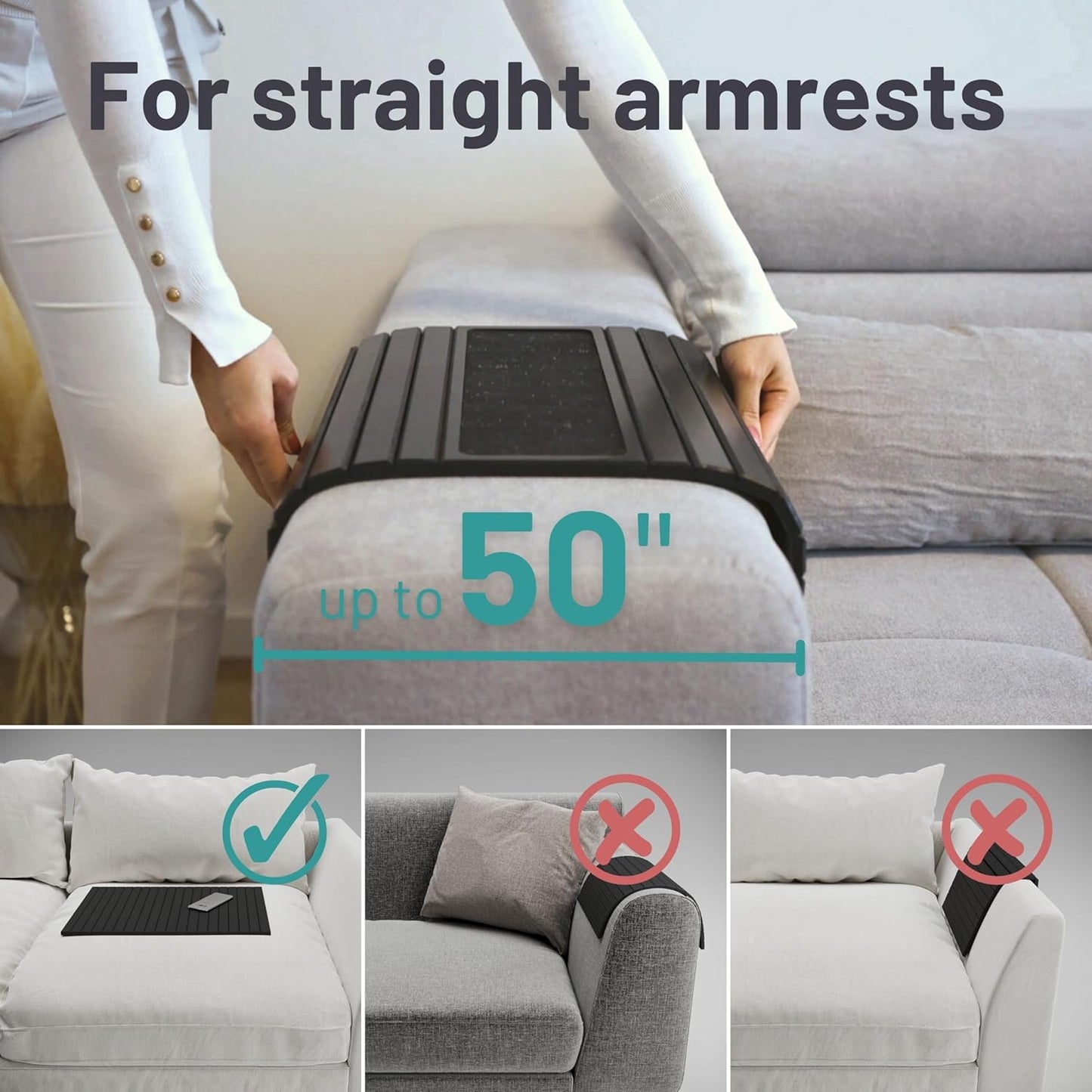 D&D Living® Sofa Tray - Flexible Couch Armrest Organizer with Anti-Slip Cork Pad | Sofa Tray with 18.5x13.4 inches, Sustainable Large Black Bamboo