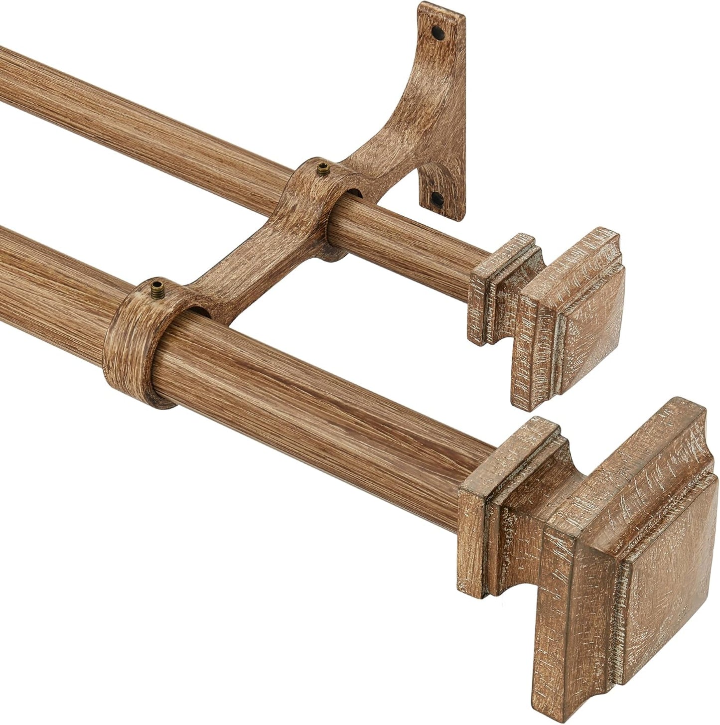 Double Wood Curtain Rods for Windows 36 to 72 Inches,1 Inch Decorative Wooden Curtain Rod with Square Imitation Wood Grain Finials and Double Aluminum Bouquet Bracket, Coffee Brown Wood Grain