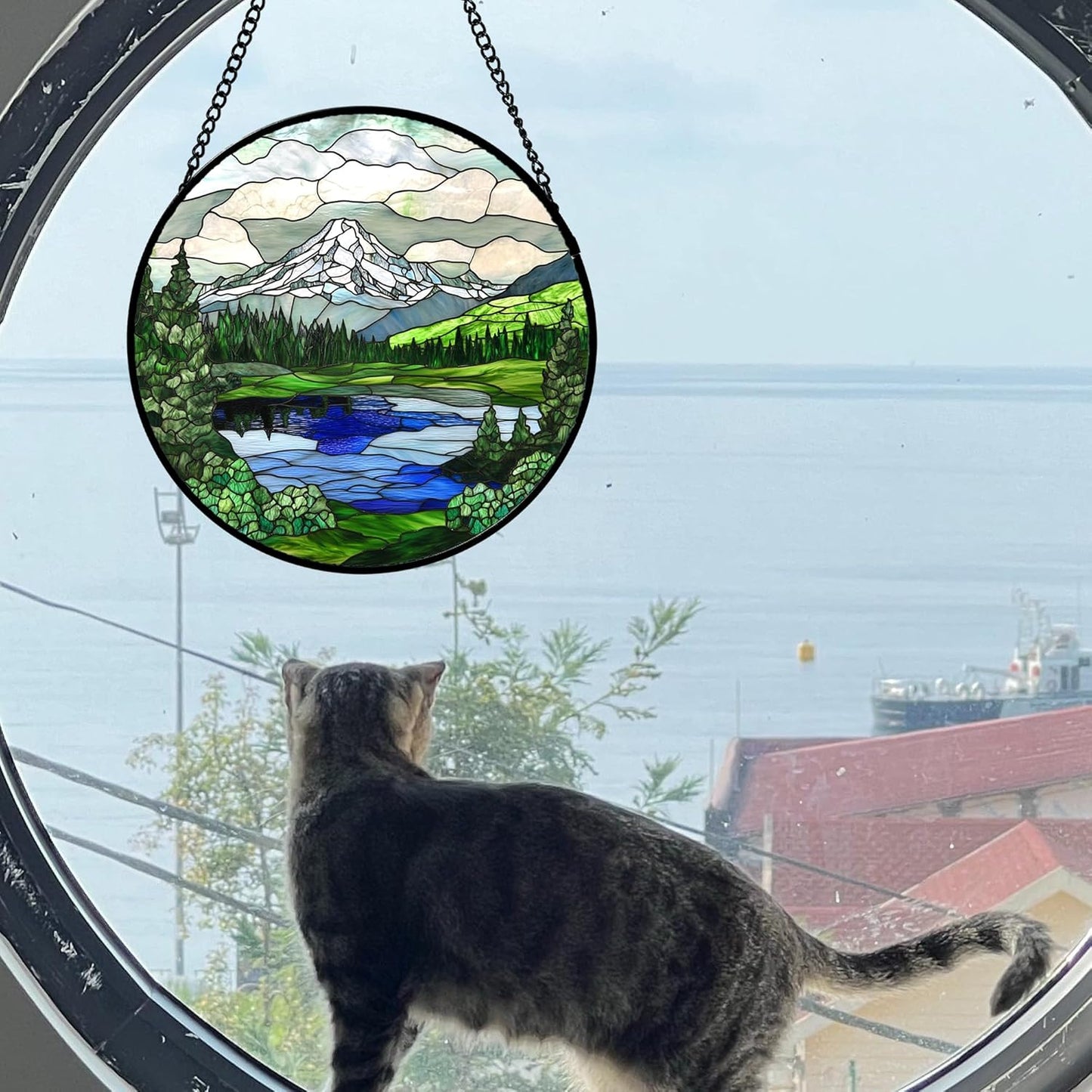 Stained Glass Window Hanging 4 Pcs Set Mountains Lake Green White Landscape Large 15" - Suncatcher Door Garden Sun Catcher Decor Birthday Christmas for Mom Woman Nana Men