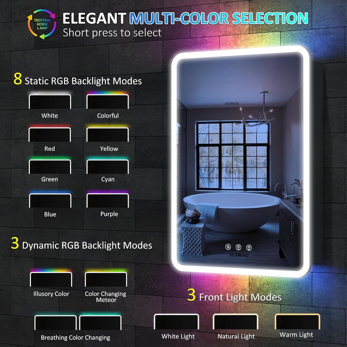 24×32 Inch LED Lighted Medicine Cabinet, Bathroom Medicine Cabinet with Mirror and Lights, RGB Multicolor Backlit, Adjustable Front Lighted, Defogger, Dimming, Memory Function, Wall Mounted
