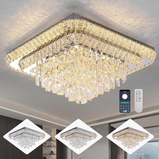 Elegant LED Crystal Raindrop Ceiling Light, 24 in Square Flush Mount Chandelier with Remote for Living Room Kitchen Island Bedroom Hallway Entryway Foyer (Dimmable)