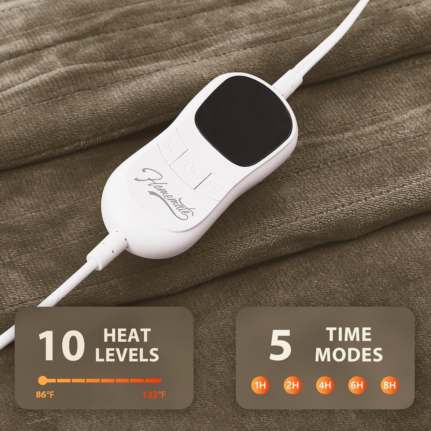 Homemate Electric Heated Blanket King Size - 100"x90" Heating Blanket King Size Dual Control 1/2/4/6/8 Hours Auto-Off 10 Heat Level Over-Heat Protection Flannel Sherpa ETL Certification