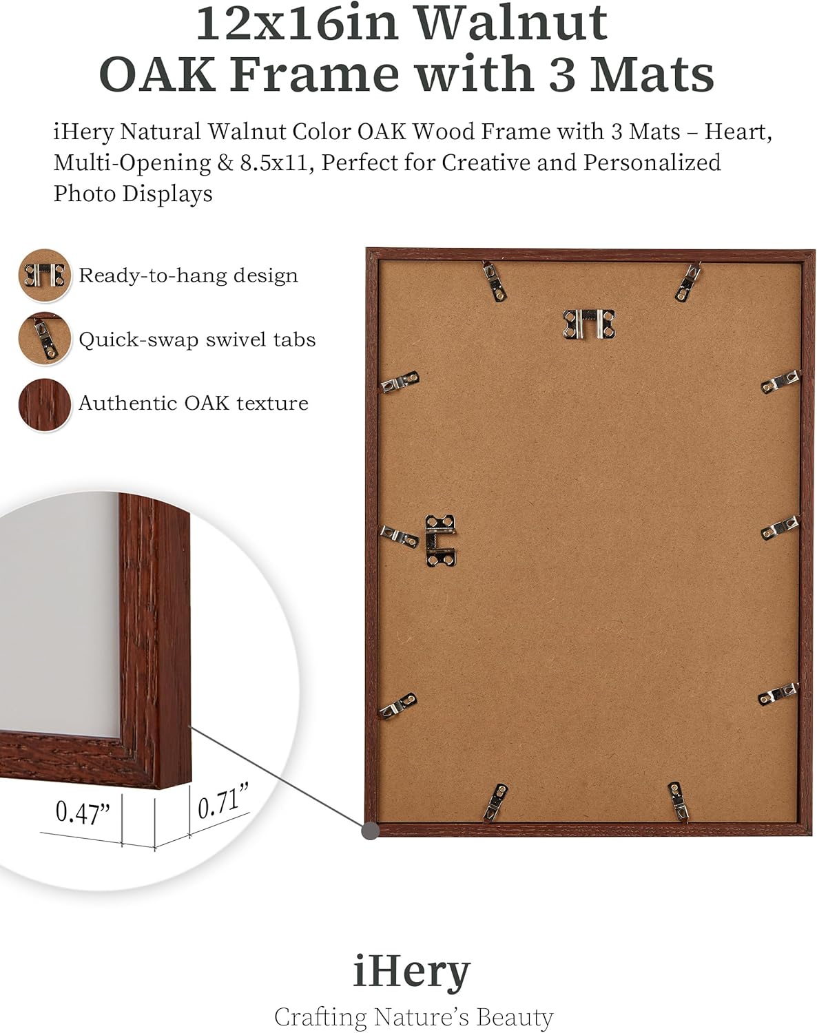 iHery Standard 12x16in Natural OAK Wood Picture Frames Collage For Wall Decor, Walnut Color Includes 3 Mats (Heart, 4x6/5x7 Multi-Opening, 8.5x11) DIY Gallery Photo Display Mom Birthday Gift 1Pack