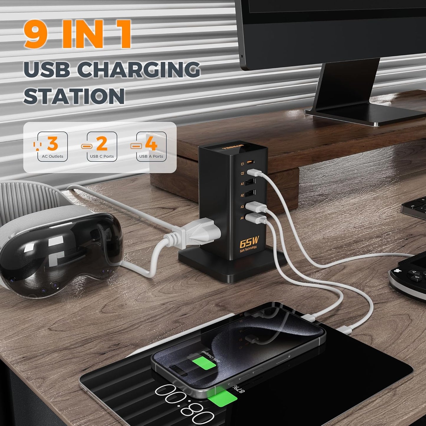 USB Charging Station for Multiple Devices 10Ft Cord, TESSAN 9-in-1 USB C Charger Block PD 65W for iPhone 17/16, MacBook, Tablet, Type C Desktop Charger with 3 AC, Home Travel Office Accessories