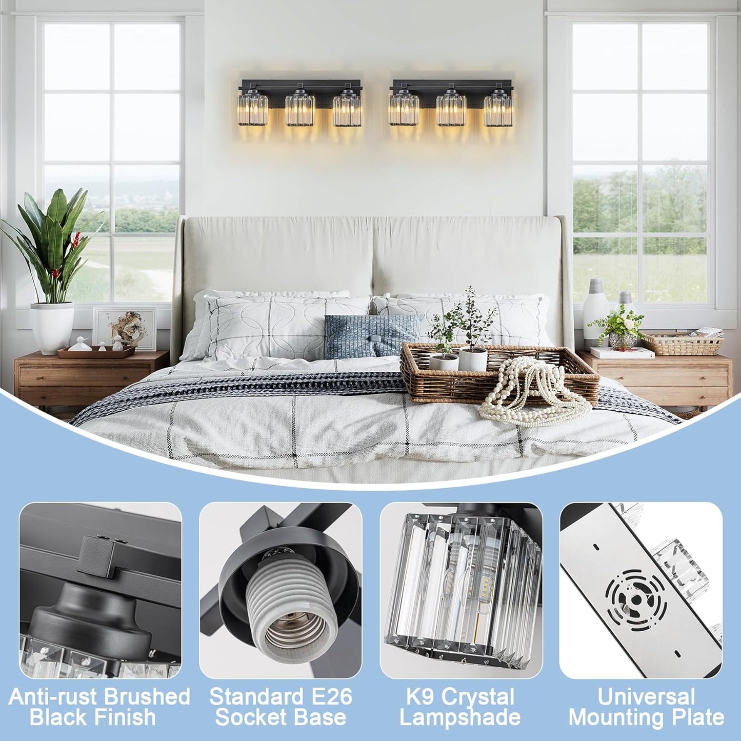 Crystal Bathroom Light Fixtures, 3 Light Black Vanity Lighting Over Mirror with Crystal Shades, Modern Bathroom Vanity Light for Restroom, Bath, Cabinet and Powder Room