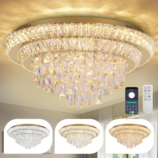 24 inch Flush Mount Crystal Chandelierse with Remote and APP Gold, Modern Elegant LED Crystal Raindrop Ceiling Light Fixtur, 3CCT Dimmable, for Living Room Kitchen Island Bedroom Entryway Foyer