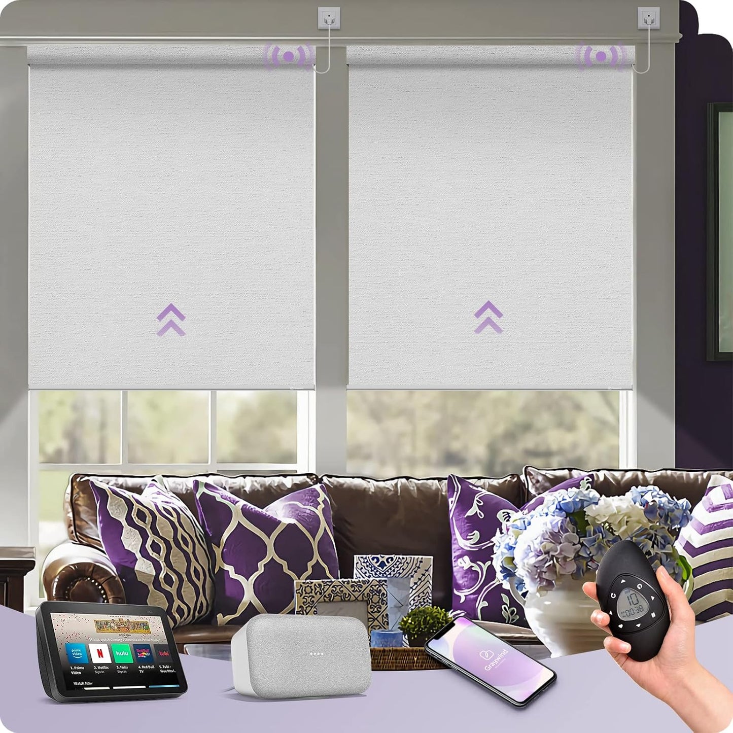Graywind Smart Blackout Roller Shades Compatible with Alexa Google WiFi Hardwired Textured Gleaming Fabric Motorized Blinds Remote Window Shades, Custom Size (Striped White)