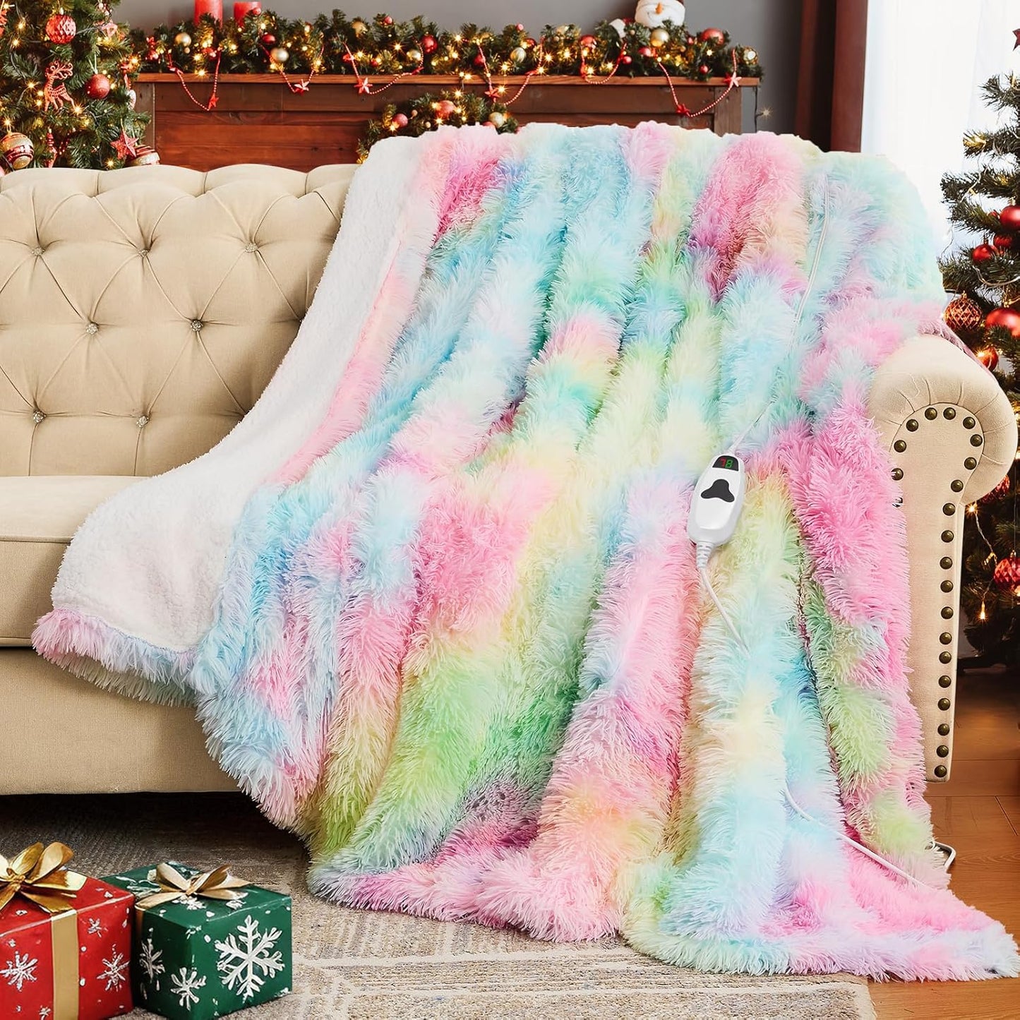 Heated Electric Blanket Twin,Warm Winter Birthday Gifts for Women Her Grandma–Faux Fur with Soft Sherpa,10 Heat Settings,5 Time Settings with Fast Heating, 62x84, Rainbow