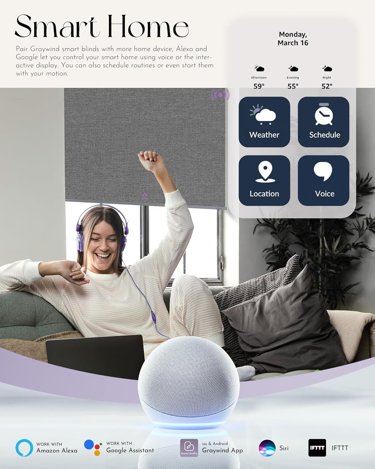 Graywind Smart Blackout Roller Shades Compatible with Alexa Google Textured Fabric Rechargeable Motorized Blinds Cordless Remote Control Window Shades, Custom Size (Weaving Cloud)
