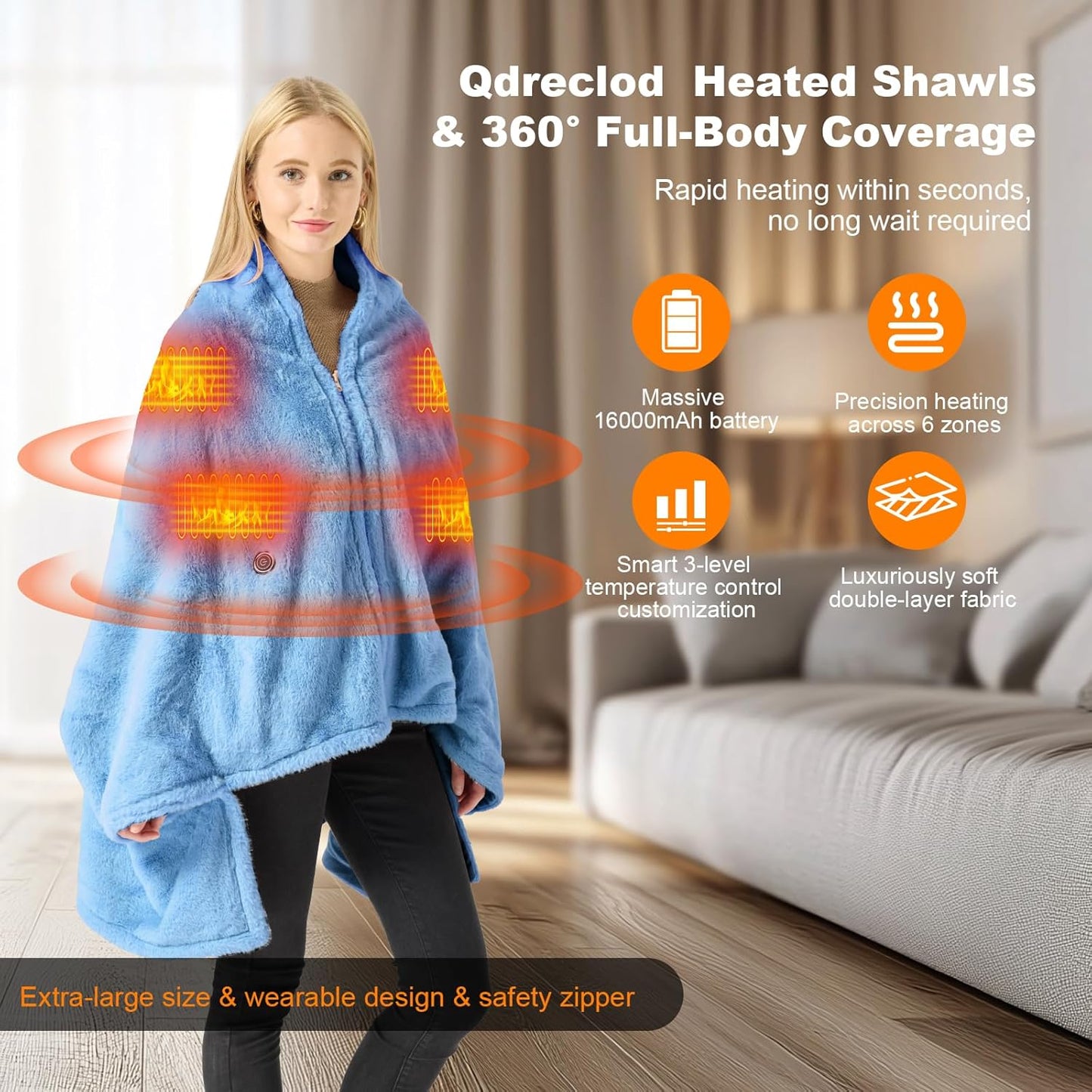 Cordless Heated Blanket Battery Operated with Fleece Lining 7.4V 16000mAh Battery Portable Wearable Heated Shawl for Women Men 6 Heating Zones 3 Fast-Heating Levels (Battery Included)