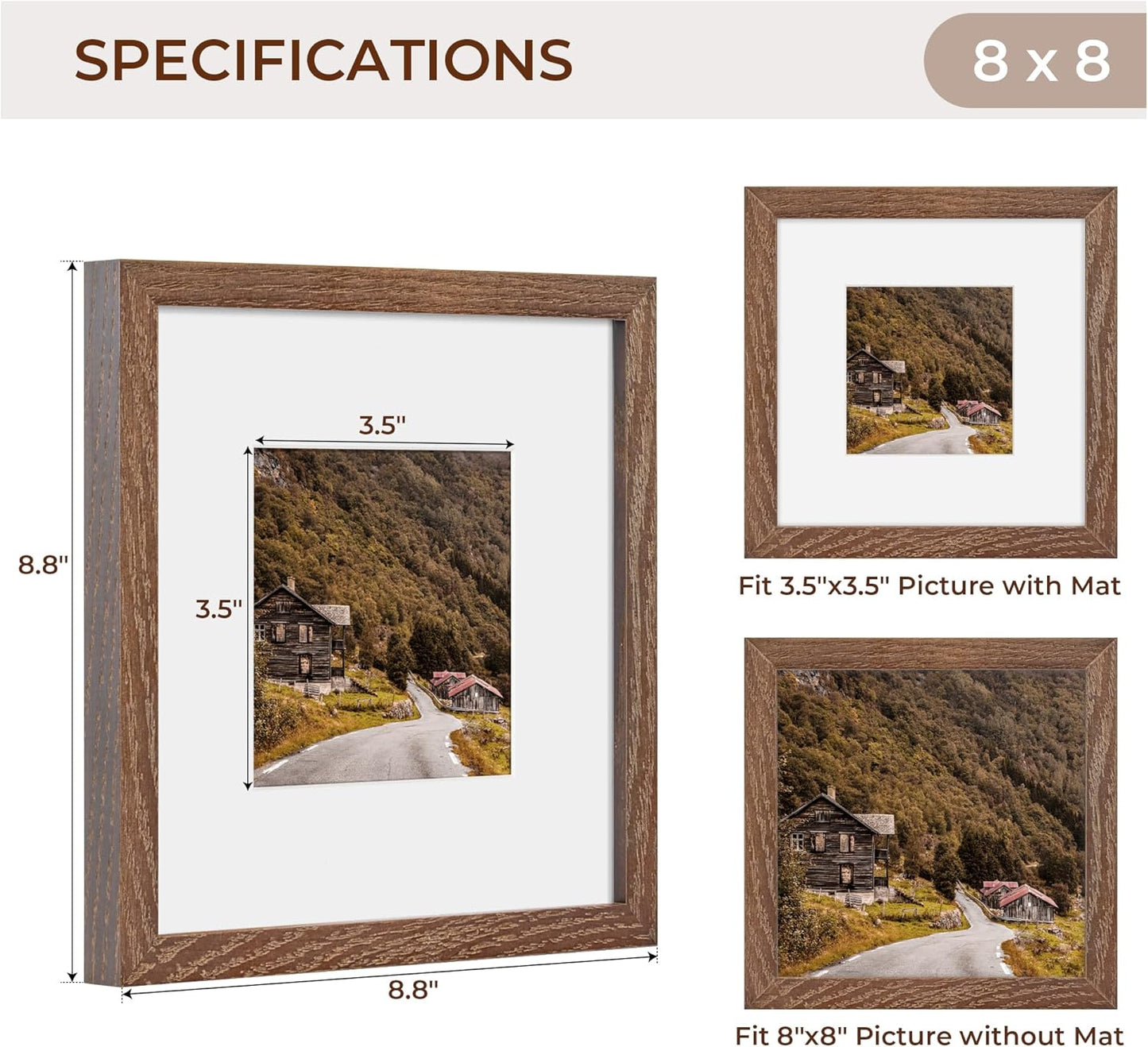 Rustic Wood 8x8 Picture Frame, Solid Oak Wood Frame 8 by 8, 8 x 8 Square Photo Frame with Tempered Real Glass, 8"x8" Picture Frame Matted to 4"x4", Squre Wood Picture Frames, Walnut Color, Set of 4