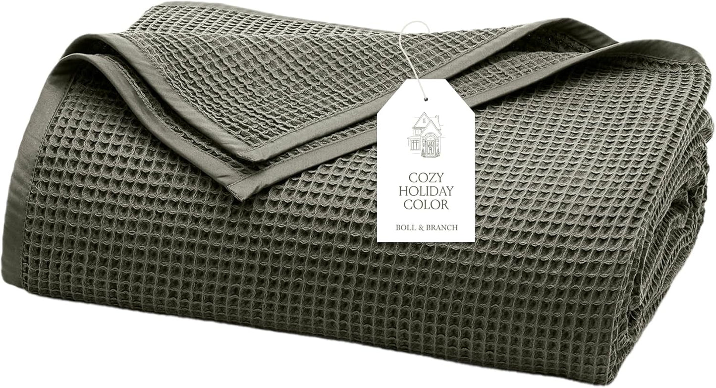 BOLL & BRANCH Waffle Bed Blanket - Full/Queen, Juniper - Luxury 100% Organic Cotton - Soft, Lightweight and Breathable - Textured Waffle Weave