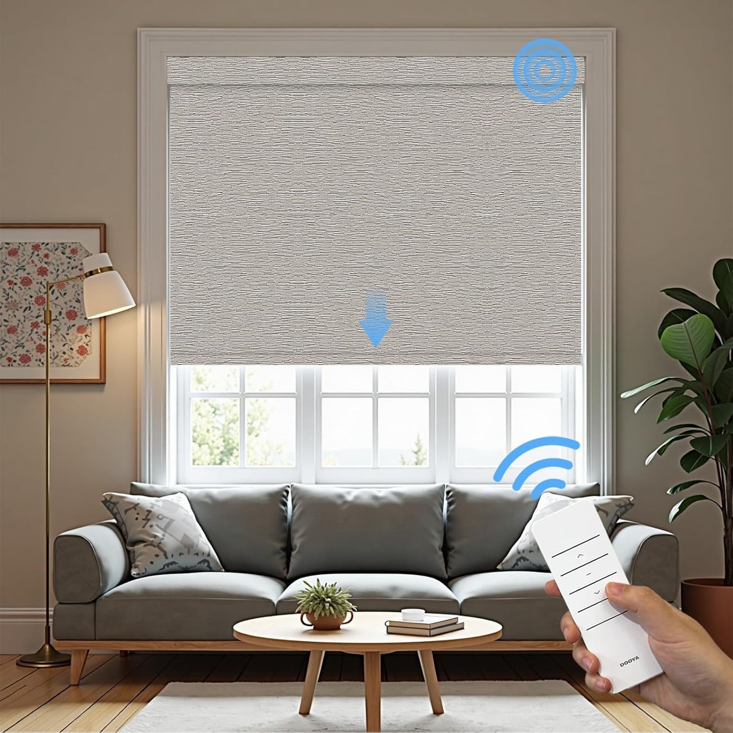 Motorized Roller Blinds with Remote, 100% Blackout Automatic Roller Shades for Bedroom, Bathroom, and Living Room, Customized Size, Pebble Grey Beige