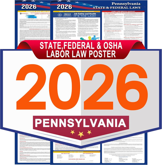 Pennsylvania Labor Law Poster Set 2026,Federal and OSHA Compliant Laminated Post,All in One Required Compliance Posting 17" x 40" English Version 2PCS - Ideal for Posting in The Workplace