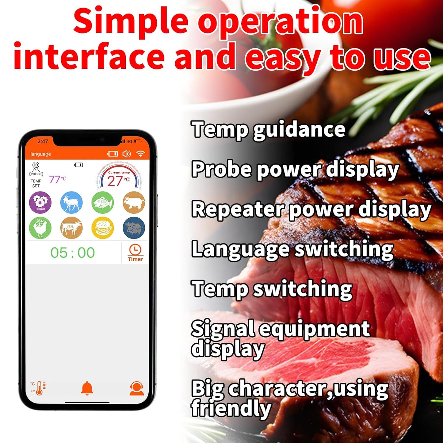 500ft Smart Wireless Meat Thermometer for BBQ, Wireless Thermometer with IP66 Waterproof, Bluetooth Meat Thermometer for Gift, Kitchen, Smoker,Grilling, Oven, Rotisserie | iOS & Android