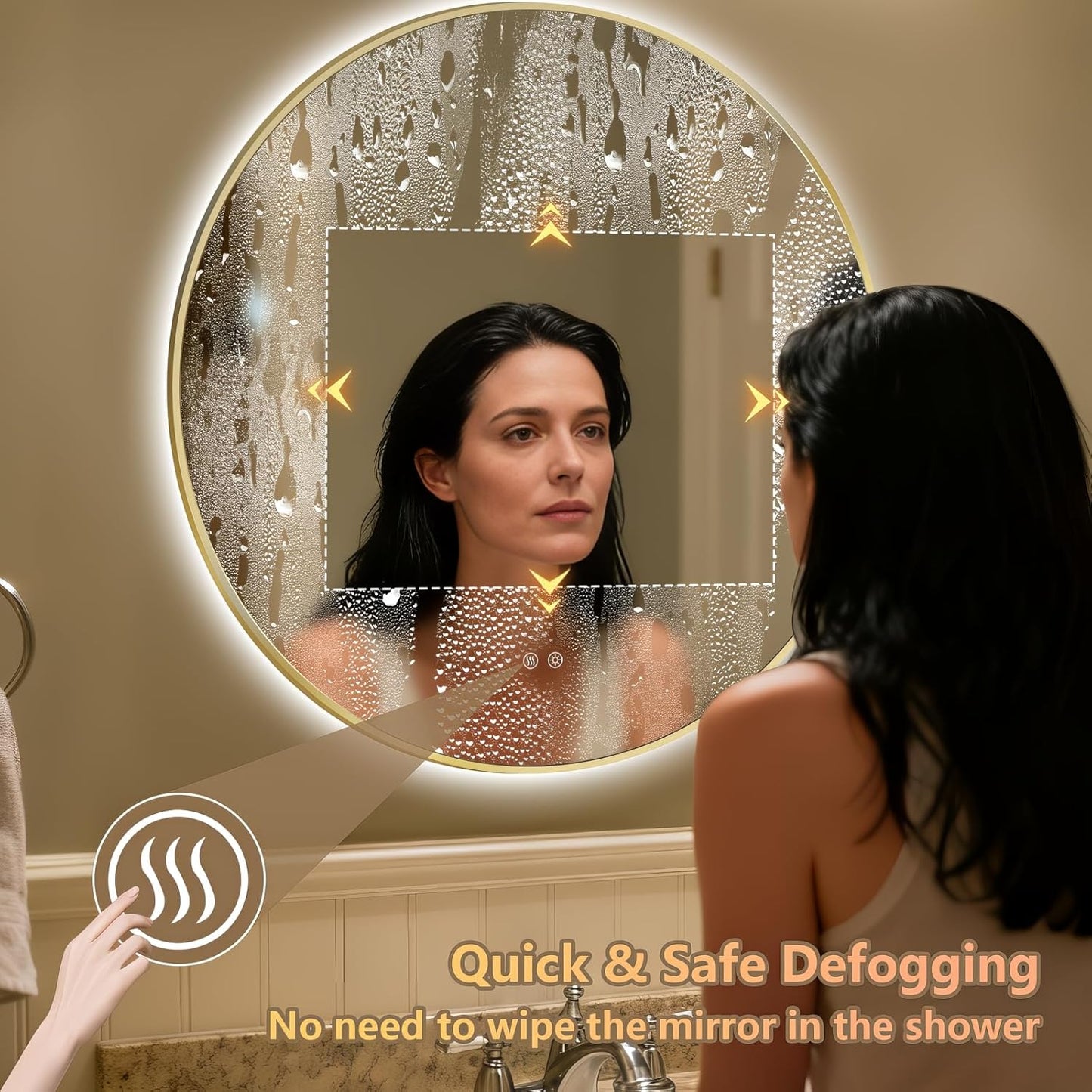Niccy Round Led Mirror for Bathroom, 36" Backlit Mirrors for Wall Circle Lighted Mirror with Old Gold Frame Anti-Fog, 3 Colors, HD Glass and IP65 Waterproof