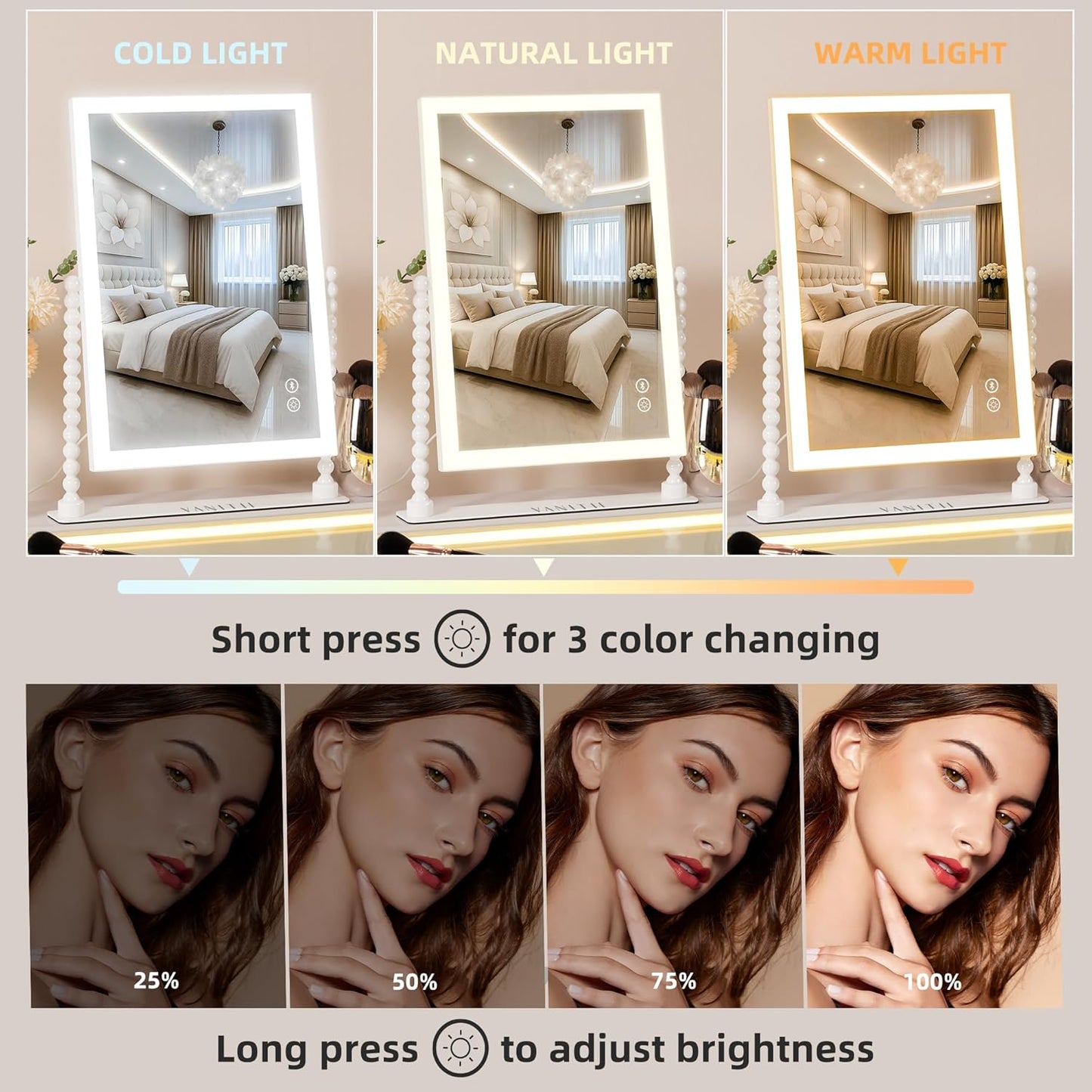 VANITII Vanity Makeup Mirror 12”x16” Hollywood Mirror with Lights and Smart Speaker Desk Mirror 3 Lighting Modes Touch Control for Dormitory Bedroom