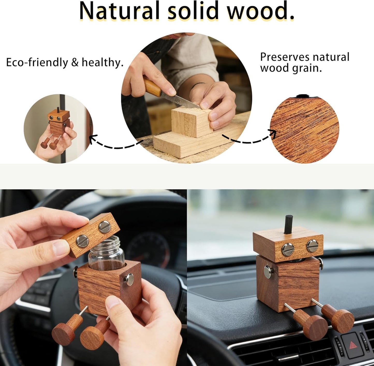 Scented Wooden Man Figurine - Magnetic Aroma Diffuser Doll for Car Vent & Dashboard, with Built-in Essential Oil Storage & Absorbent Stick, Funny Dancing Decor for Car and Desk, Brown