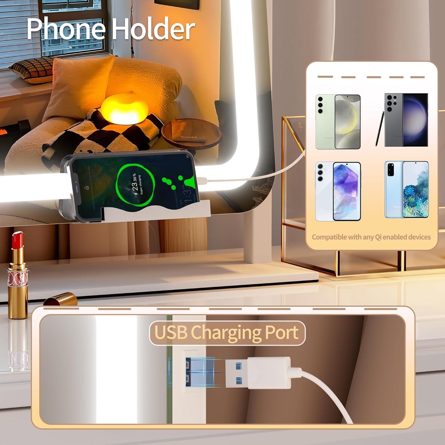 Hasipu Vanity Mirror with Lights and Bluetooth Speaker, 23.6" x 19.7" LED Makeup Mirror, Light up Mirror with 10X Magnification, USB Charging Port, Smart Touch 3 Colors Dimmable (White)
