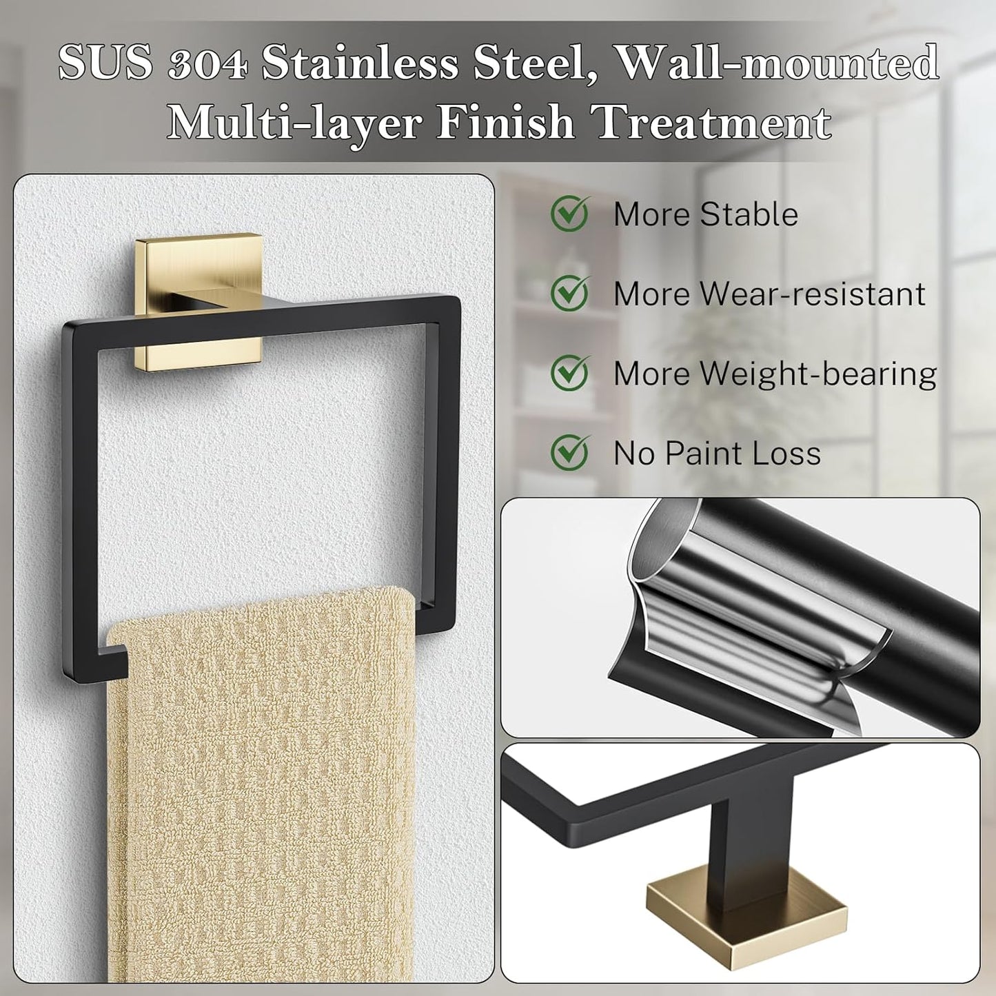 2-Piece Black Gold Towel Ring,Hand Towel Holder,Modern Towel Holder Stainless Steel Towel Rack Wall-Mounted Bathroom Towel Ring