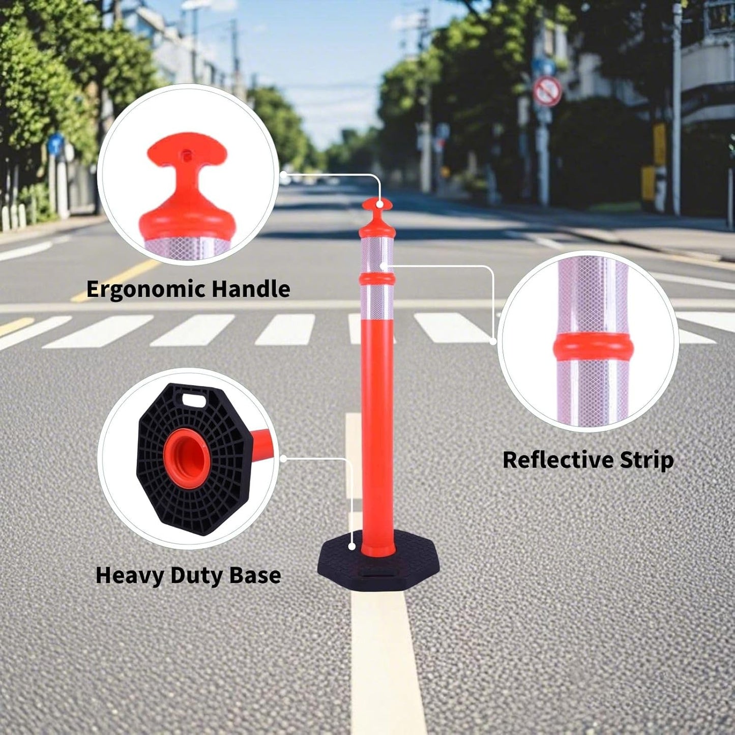 Reflective Rubber Base Traffic Delineator Post - Heavy-Duty Safety Bollards for Parking Lot Markers, Road Construction, Driveway Warning - with Reflective Strips (6 Pack - 42 Inch)
