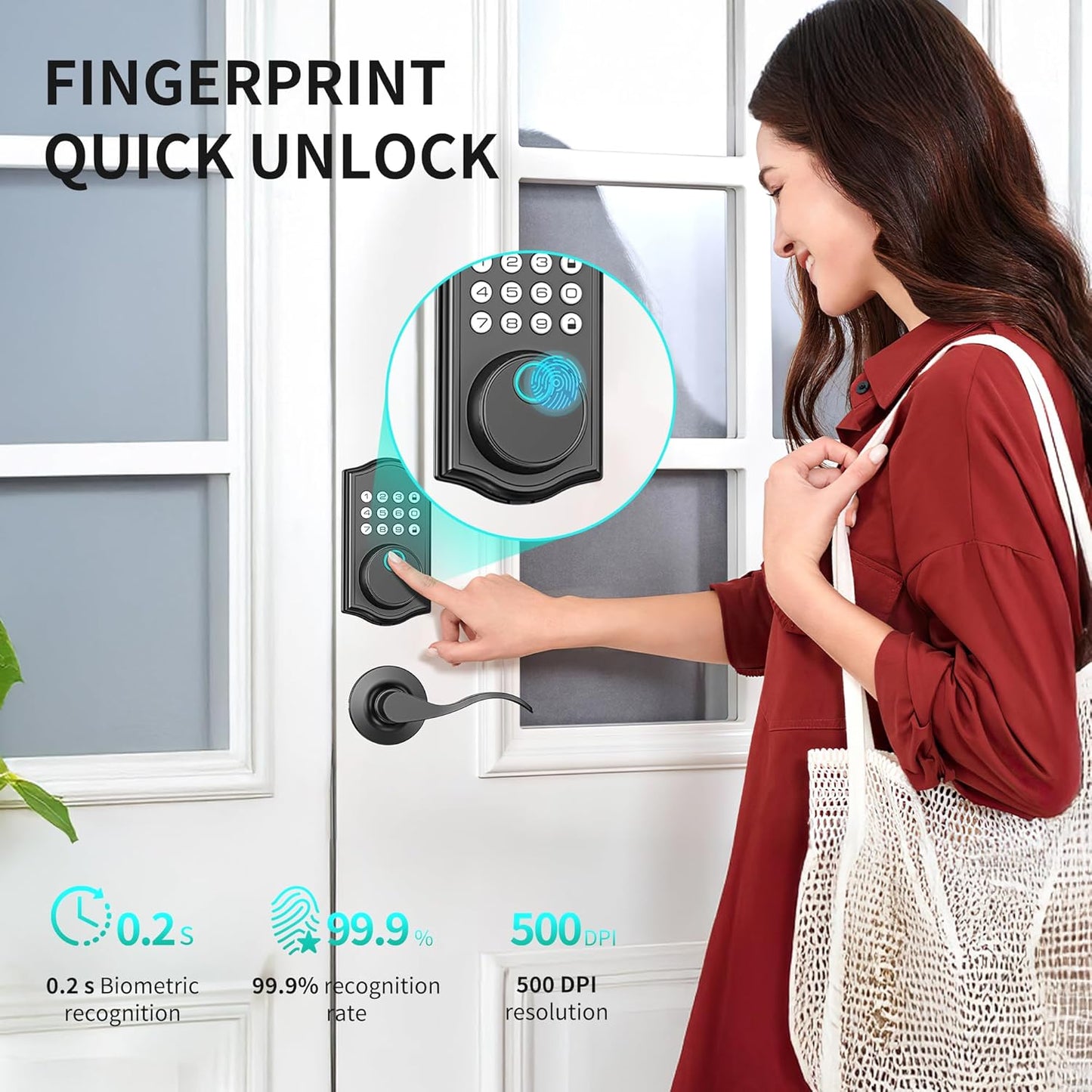 Keyless Entry Door Lock Deadbolt with Handle Set,Fingerprint Smart Locks for Front Door,Backlit Digital Keypad Deadbolt with 2 Keys - Auto Locking - Easy Installation-Left/Right Doors (Matte Black)